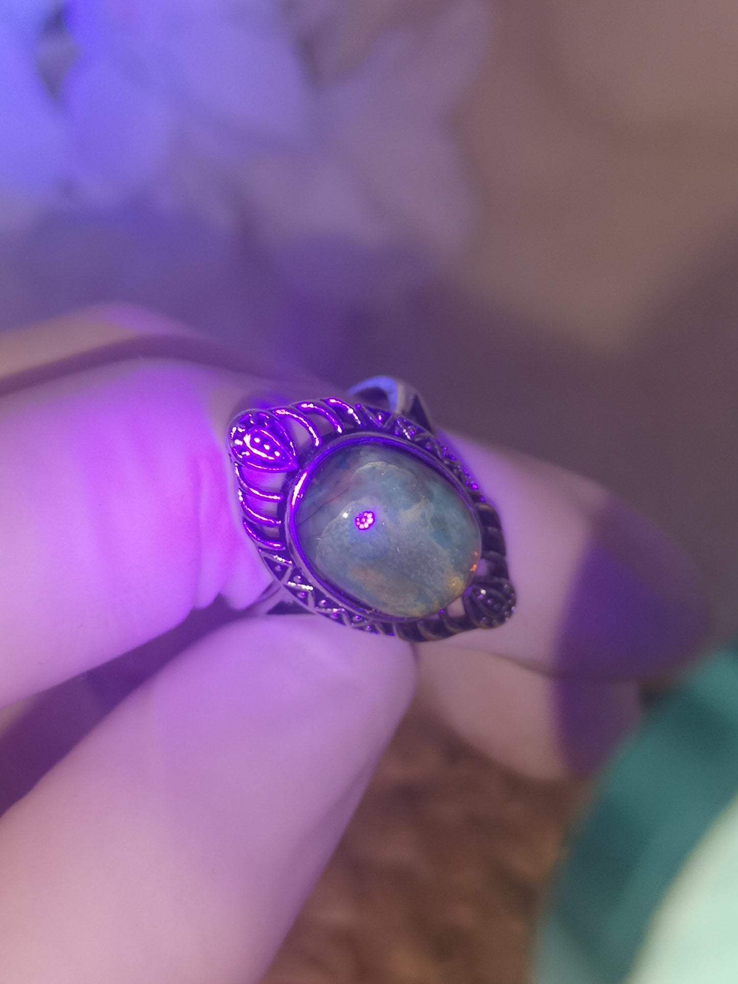 Blue Amber Bernstein Edelstein 925 Silber Ring Crystal Schmuck