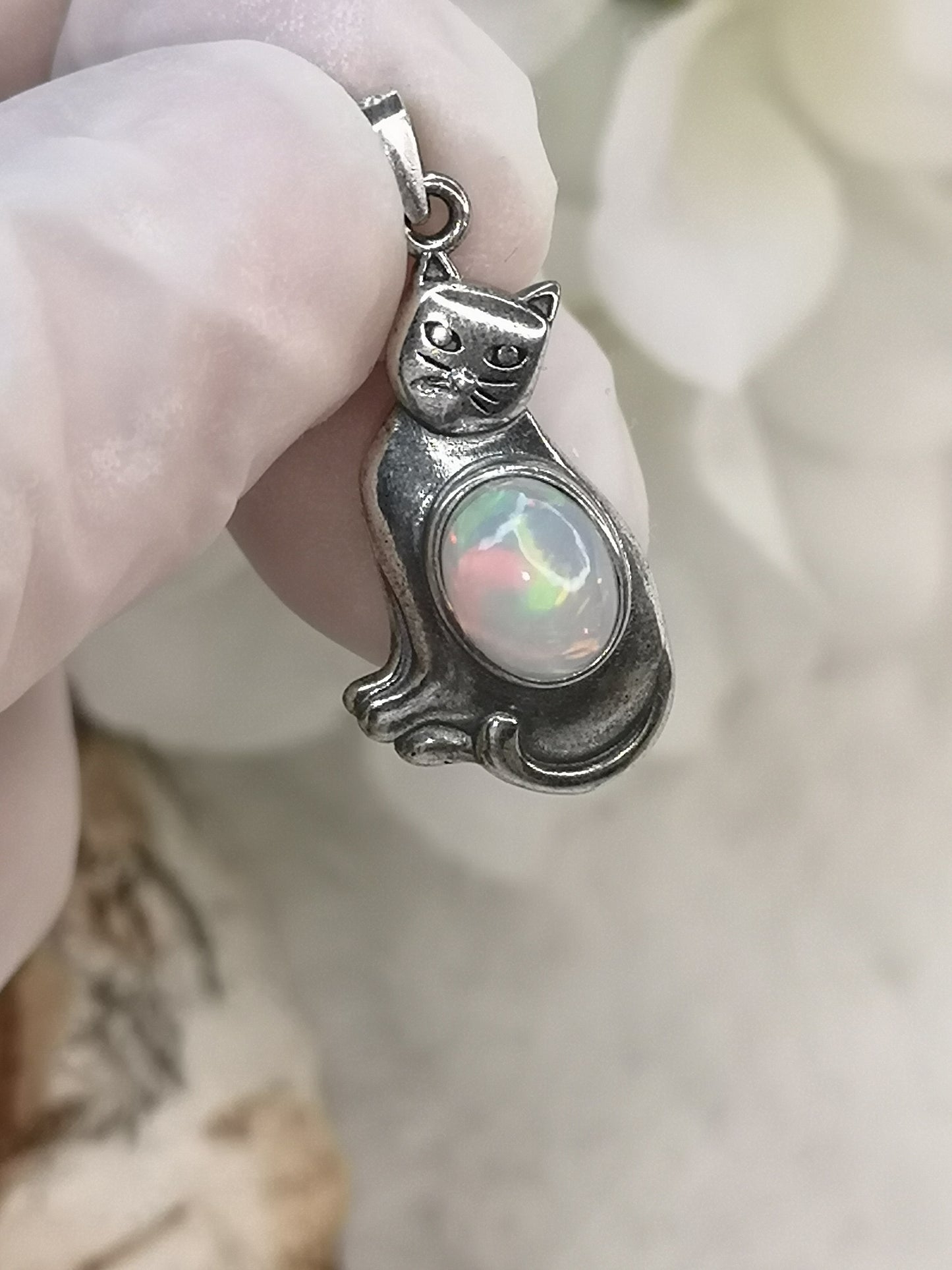 Opal Edelstein 925 Silber Ketten Anhänger Katzen Design