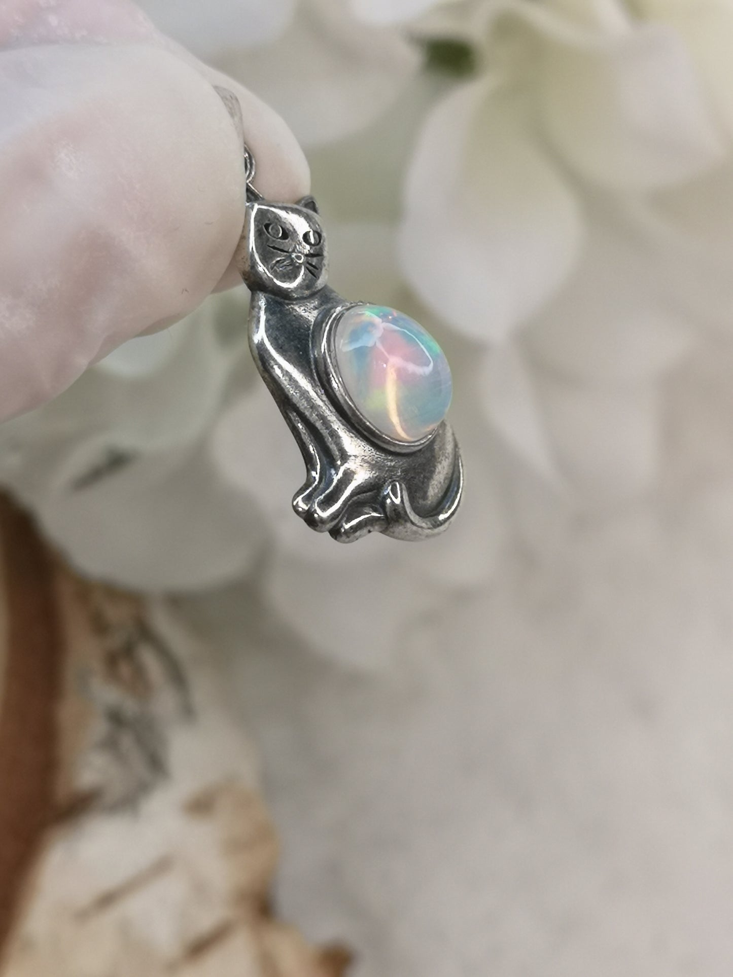 Opal Edelstein 925 Silber Ketten Anhänger Katzen Design