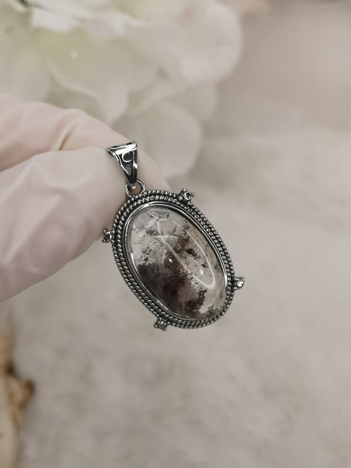 Gartenquartz Edelstein mit Phantomen, Kupfer Ketten Anhänger