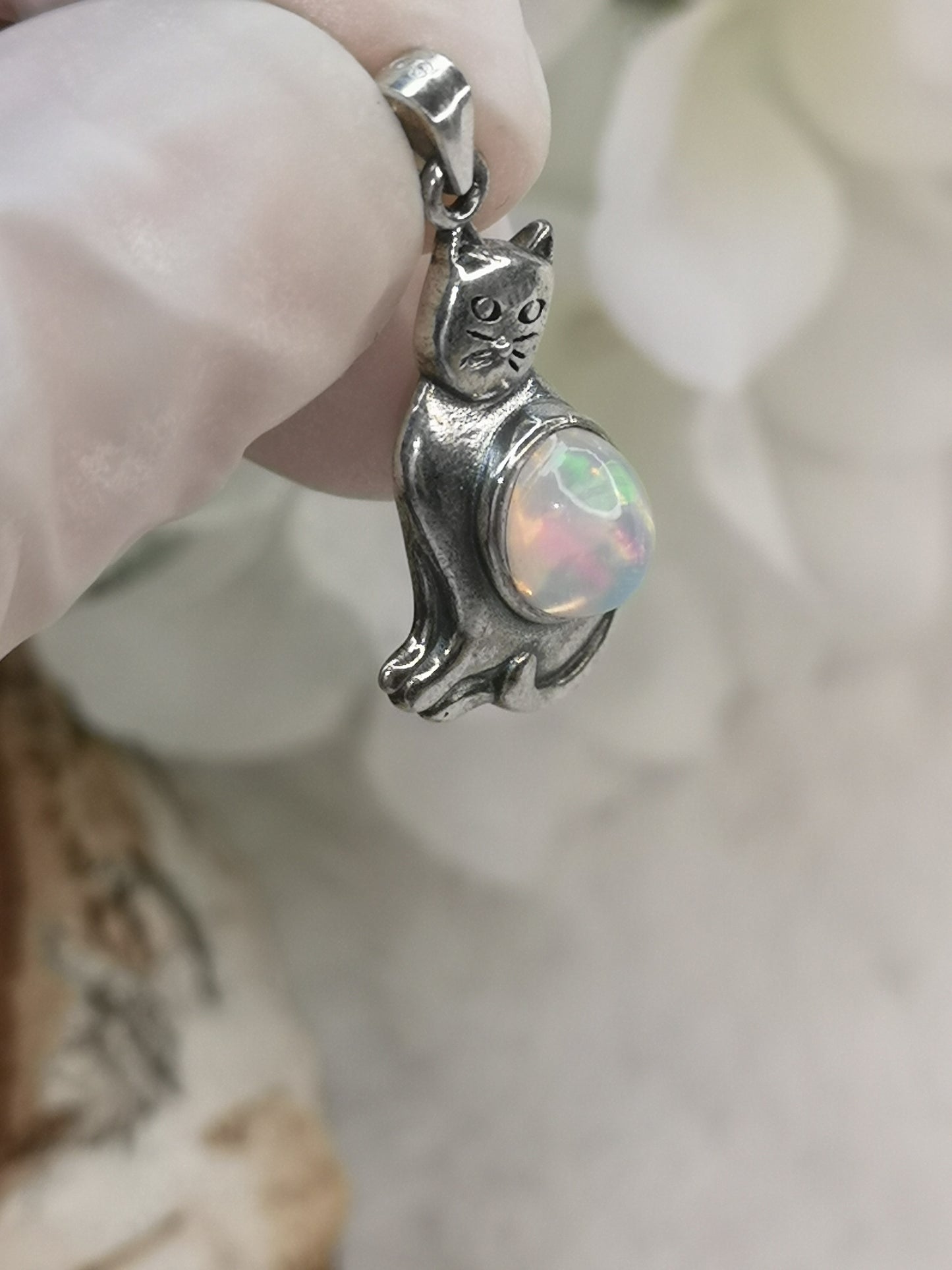 Opal Edelstein 925 Silber Ketten Anhänger Katzen Design