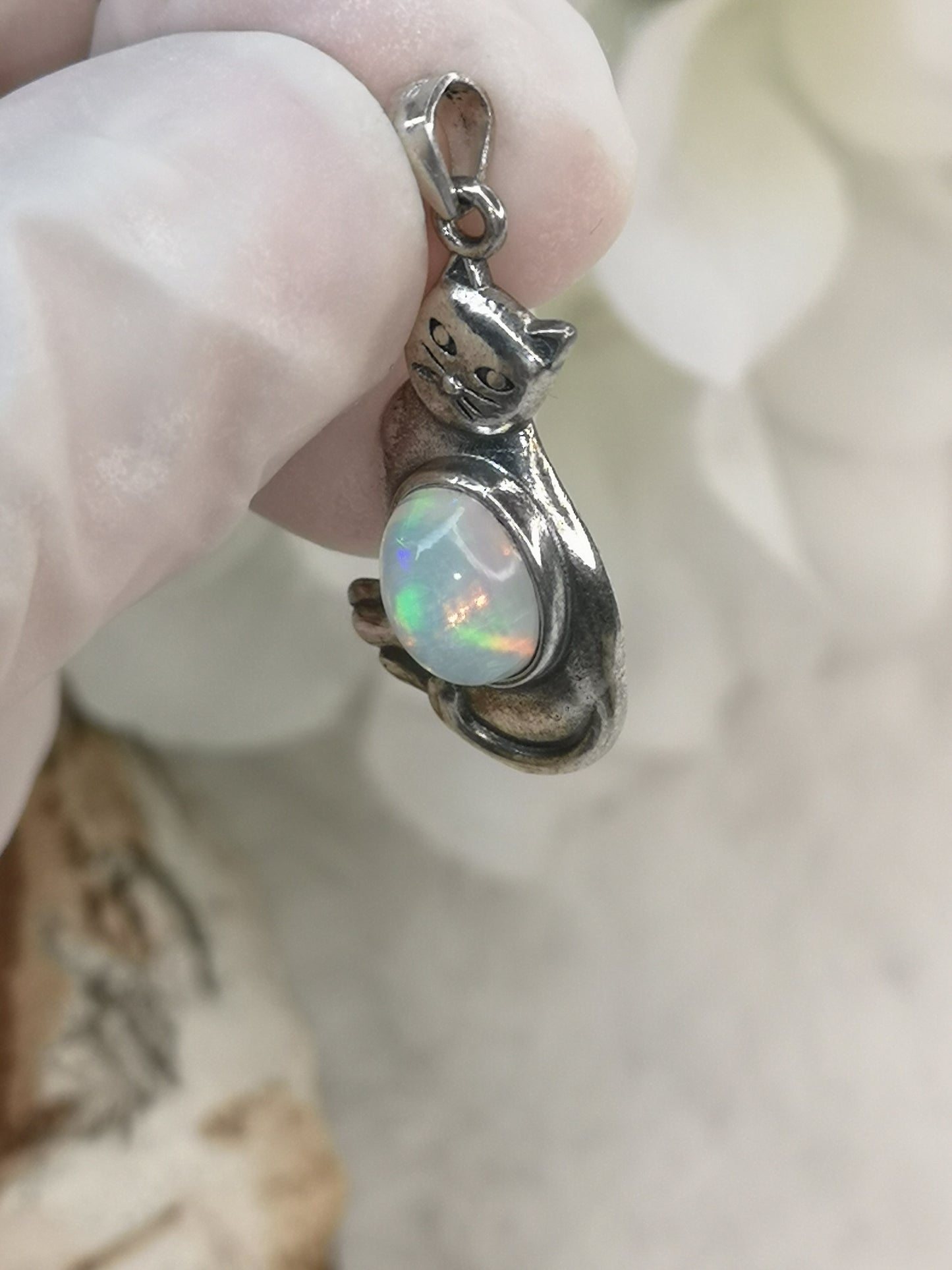 Opal Edelstein 925 Silber Ketten Anhänger Katzen Design
