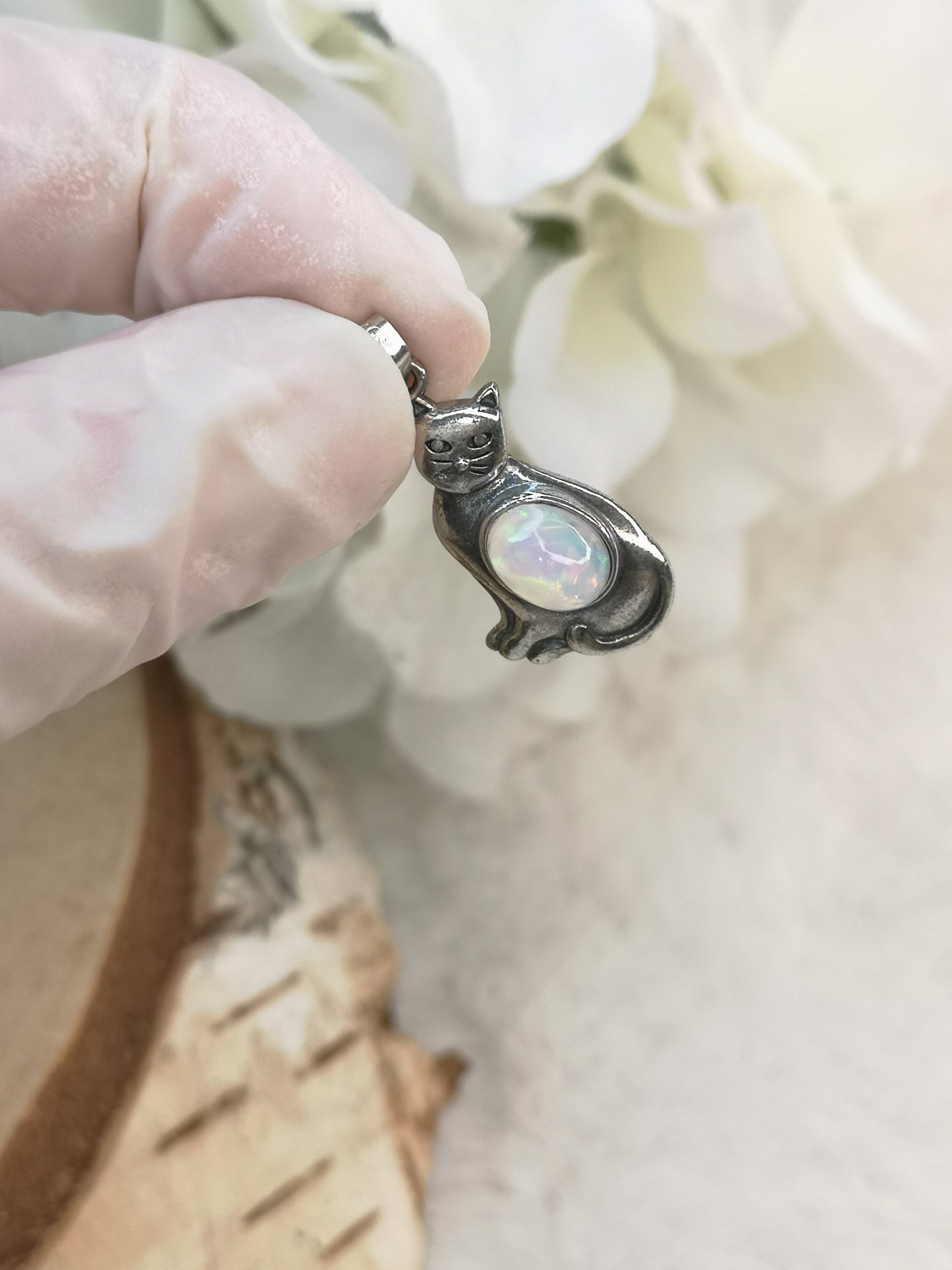 Opal Edelstein 925 Silber Ketten Anhänger Katzen Design
