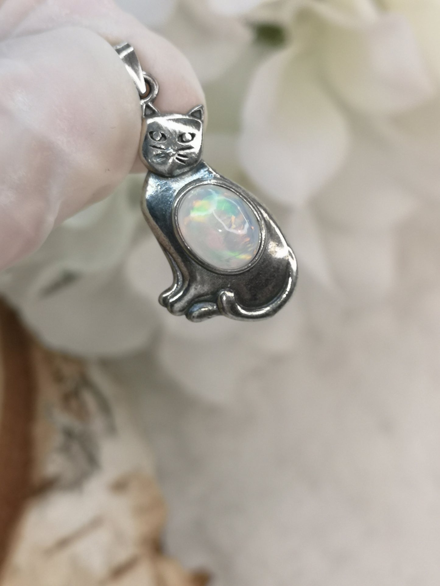 Opal Edelstein 925 Silber Ketten Anhänger Katzen Design