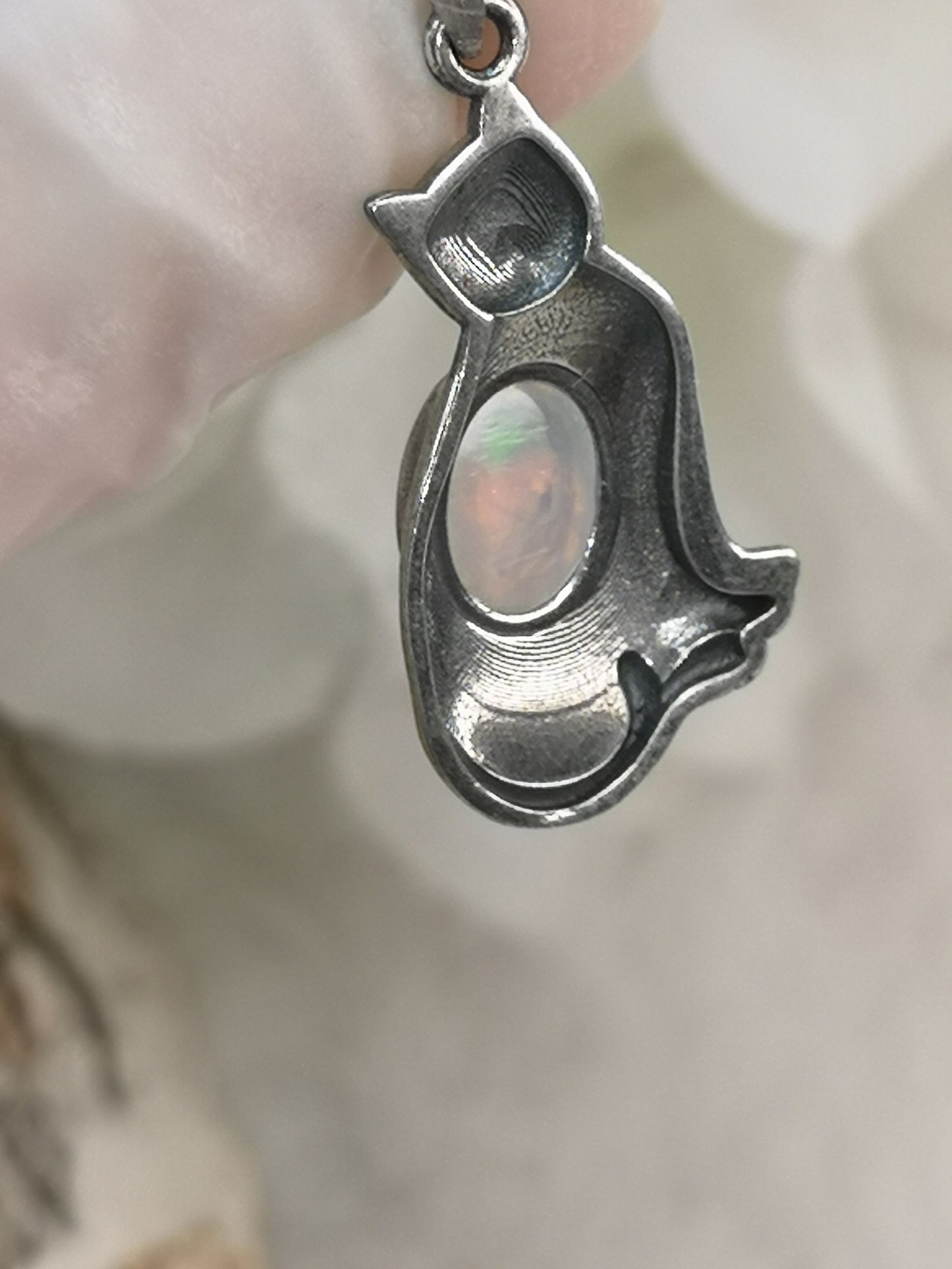 Opal Edelstein 925 Silber Ketten Anhänger Katzen Design