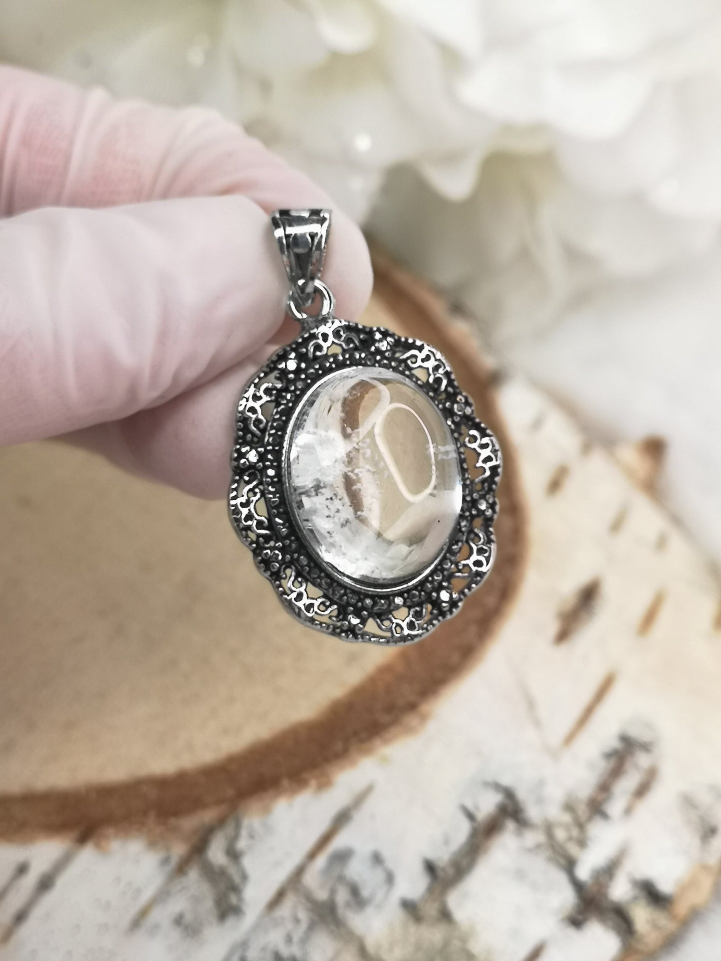 Gartenquartz Edelstein mit Phantomen, Kupfer Ketten Anhänger