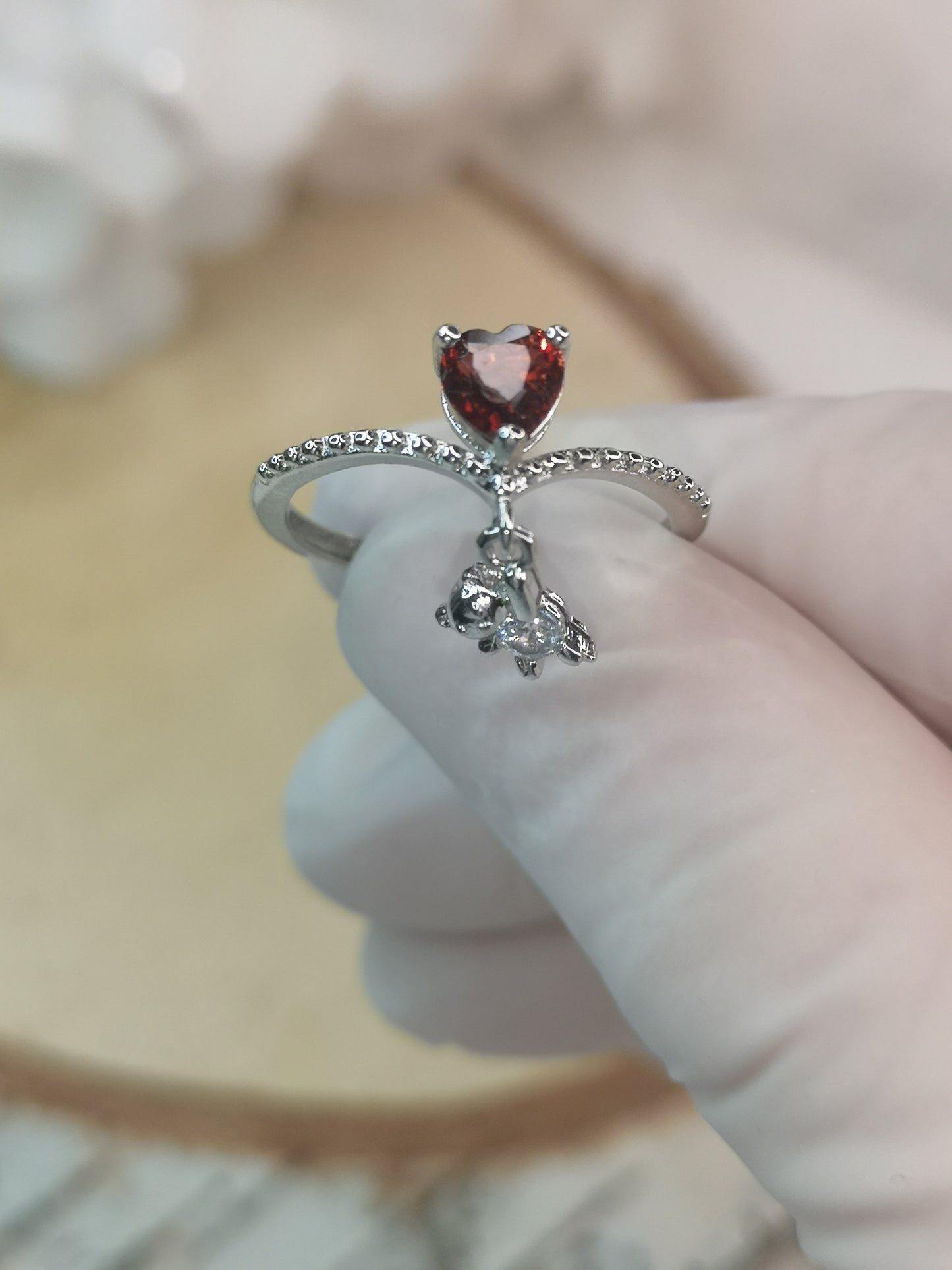 Herz Teddybär Granat Edelstein Kupfer Ring, verstellbar