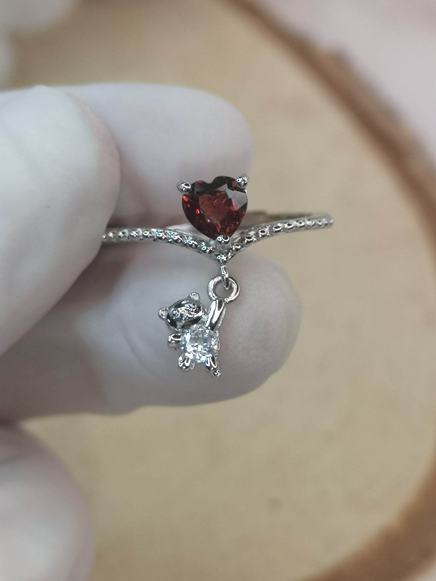 Herz Teddybär Granat Edelstein Kupfer Ring, verstellbar