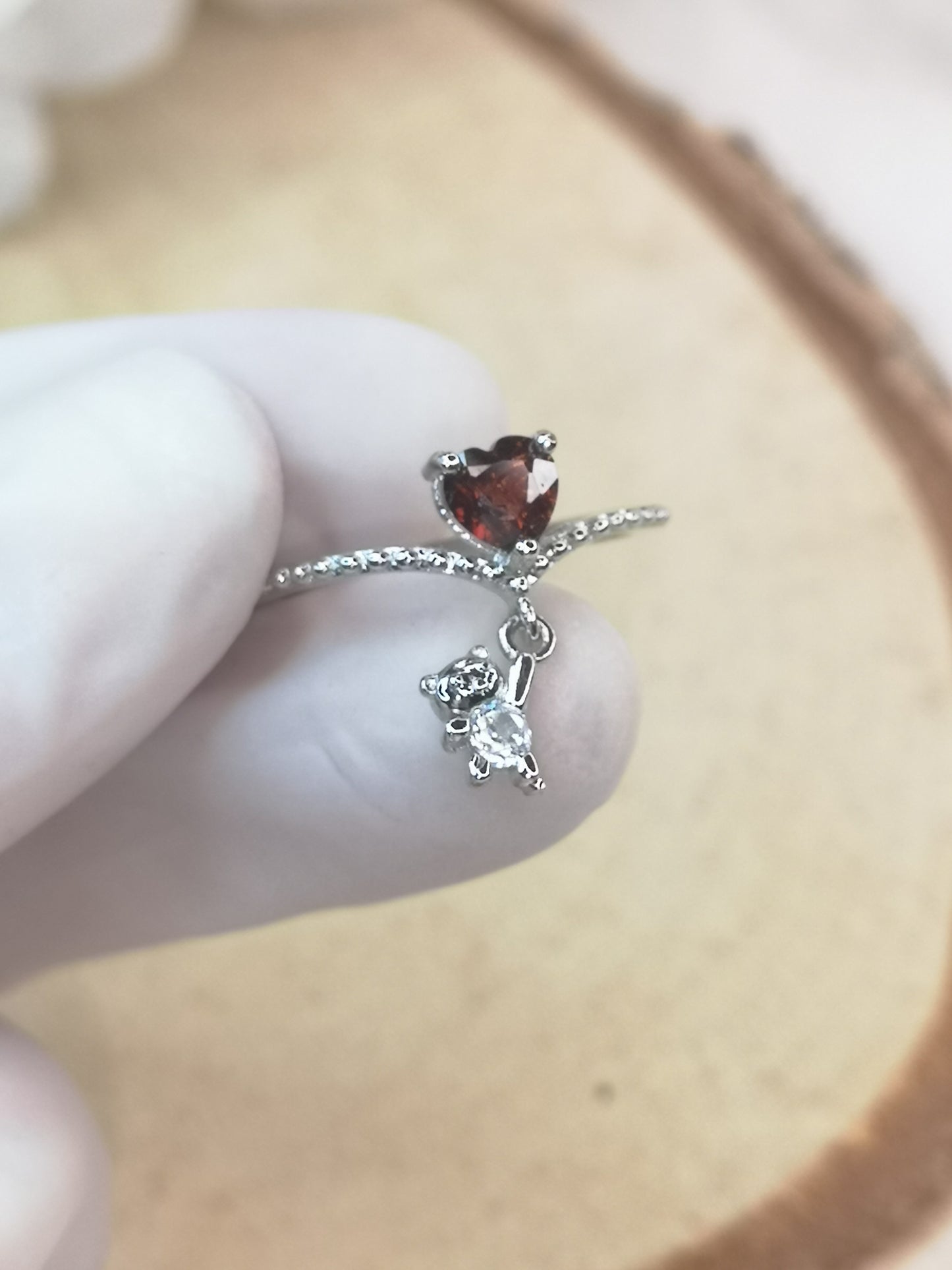 Herz Teddybär Granat Edelstein Kupfer Ring, verstellbar