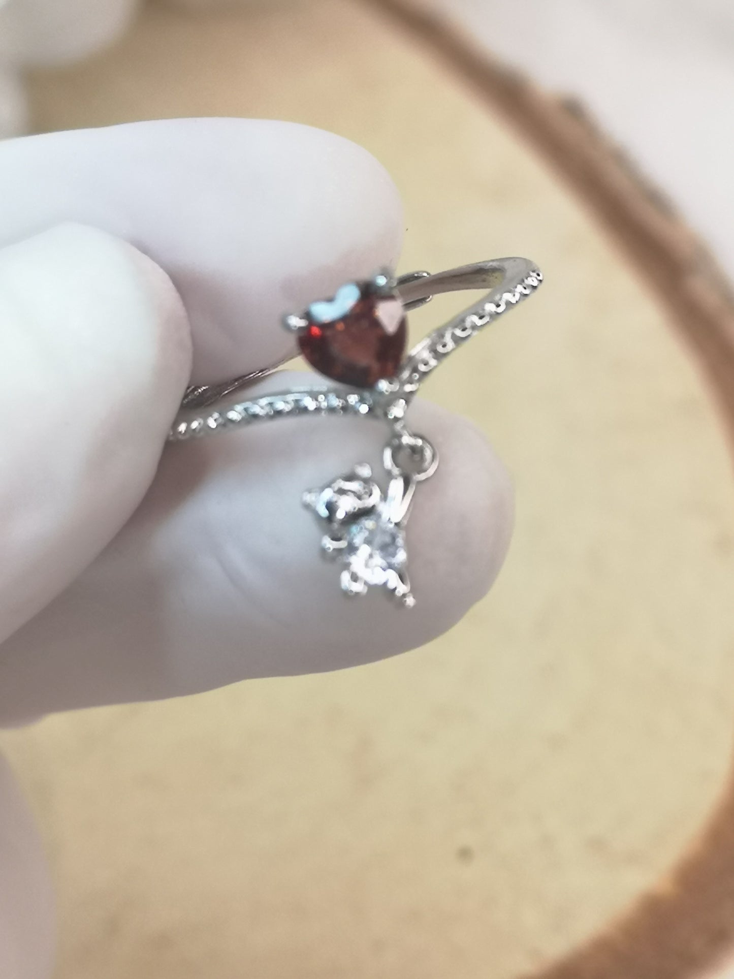 Herz Teddybär Granat Edelstein Kupfer Ring, verstellbar