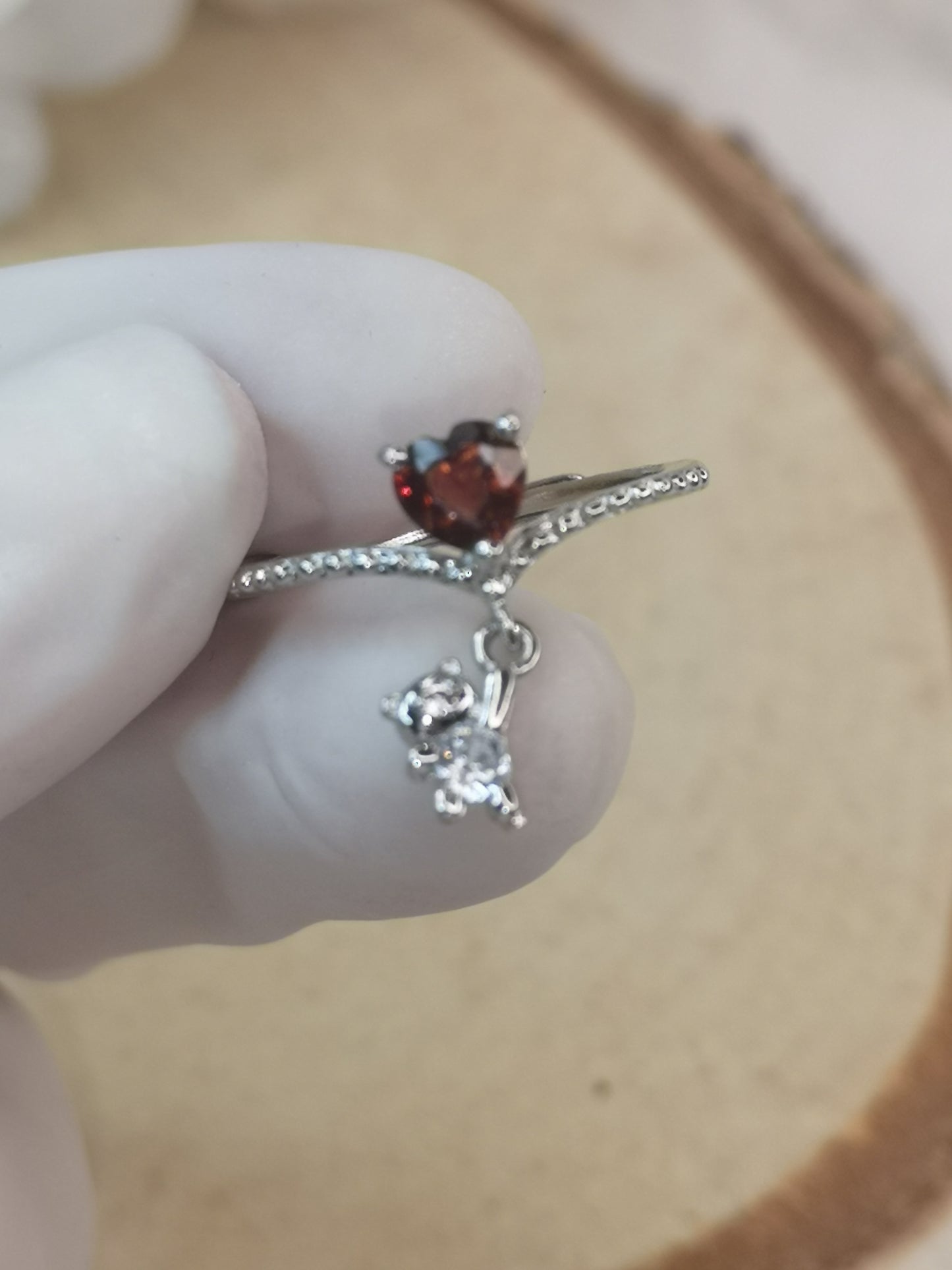 Herz Teddybär Granat Edelstein Kupfer Ring, verstellbar