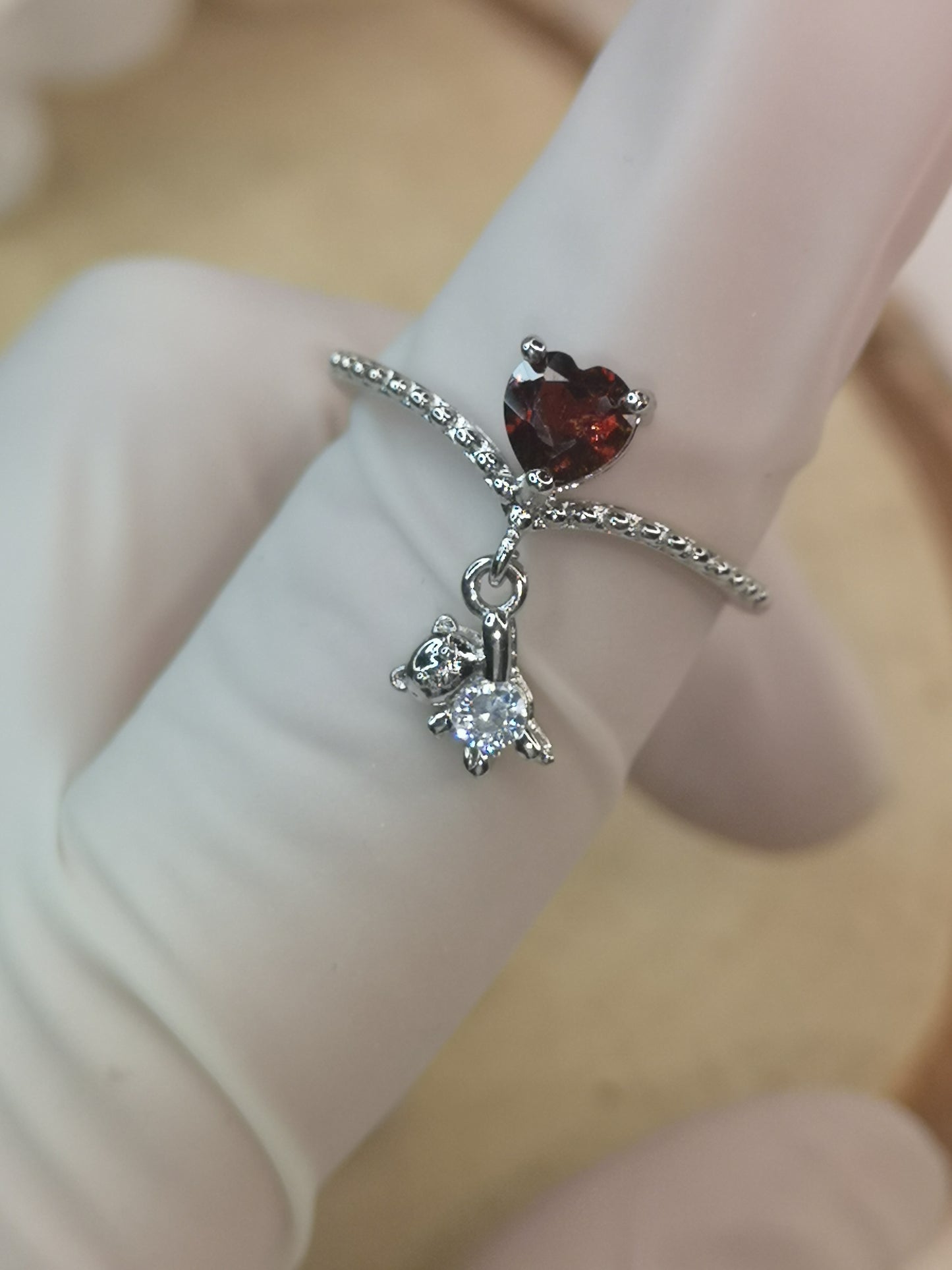 Herz Teddybär Granat Edelstein Kupfer Ring, verstellbar