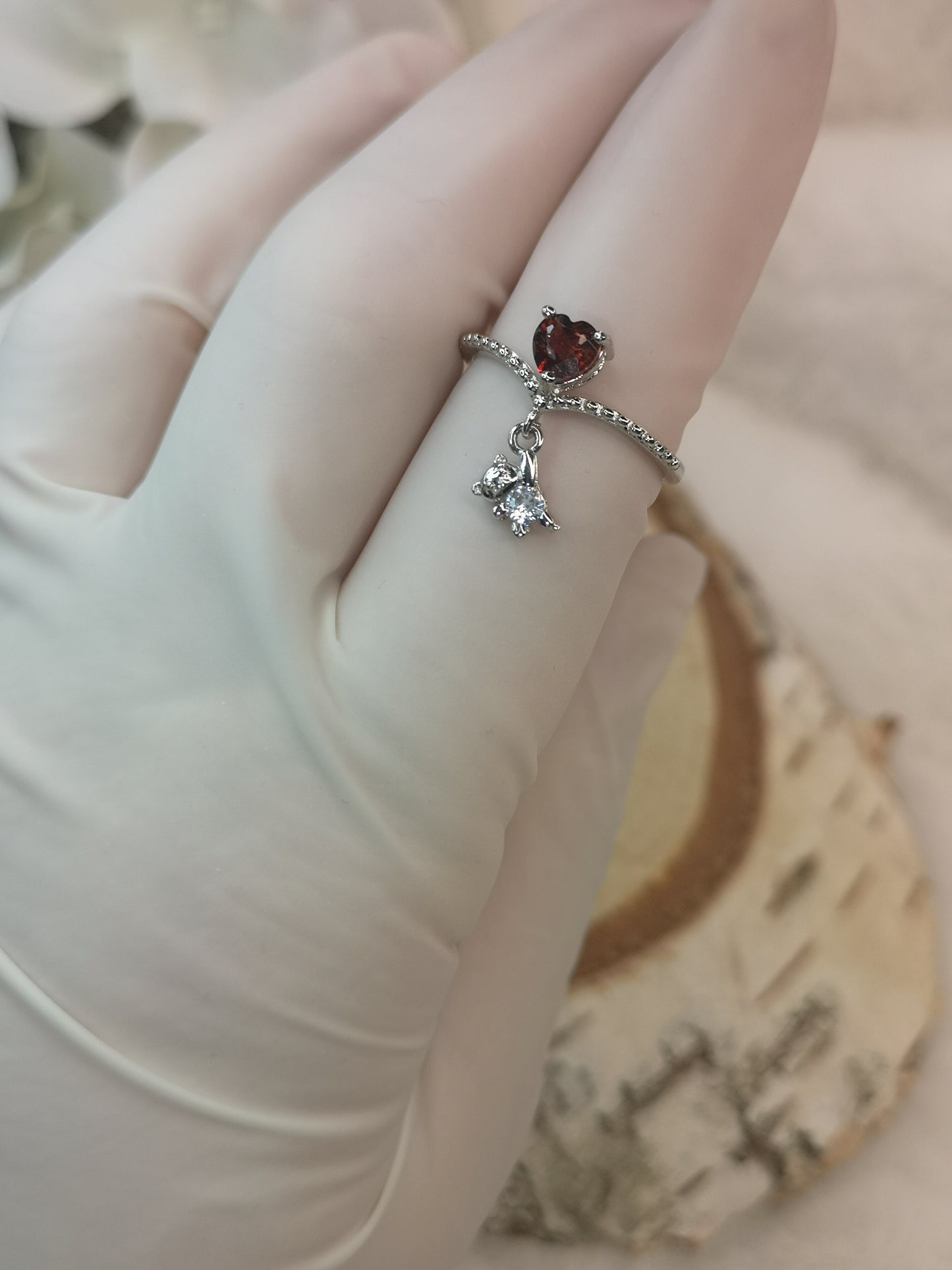 Herz Teddybär Granat Edelstein Kupfer Ring, verstellbar