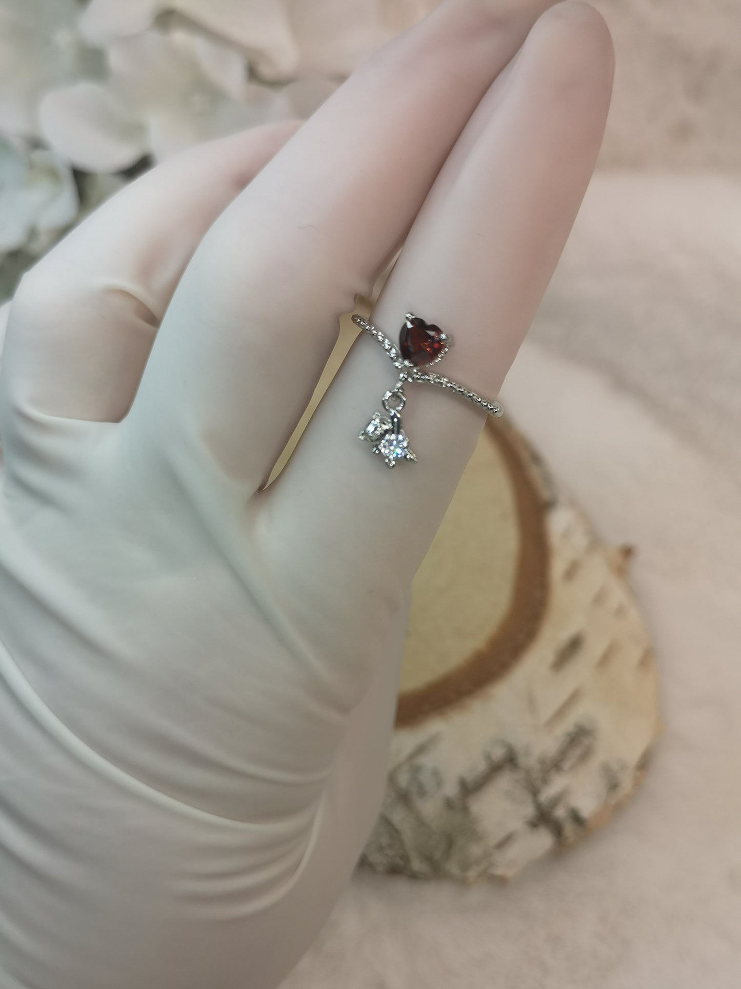 Herz Teddybär Granat Edelstein Kupfer Ring, verstellbar