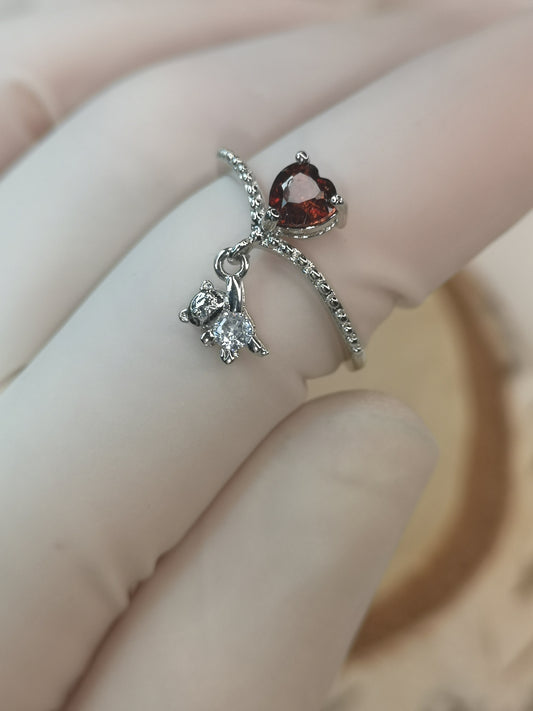 Herz Teddybär Granat Edelstein Kupfer Ring, verstellbar