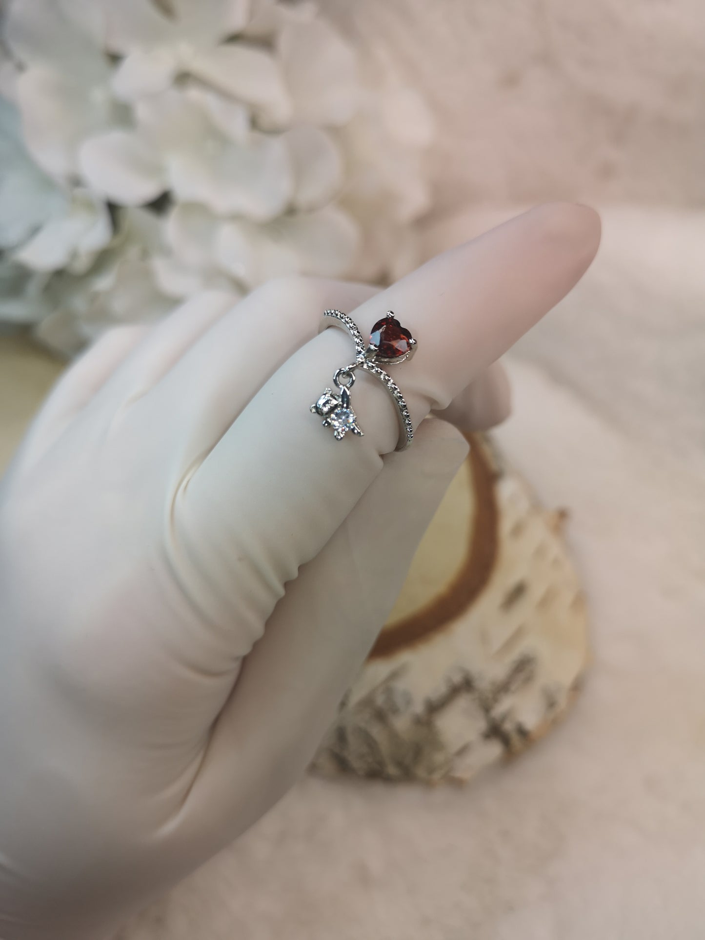 Herz Teddybär Granat Edelstein Kupfer Ring, verstellbar