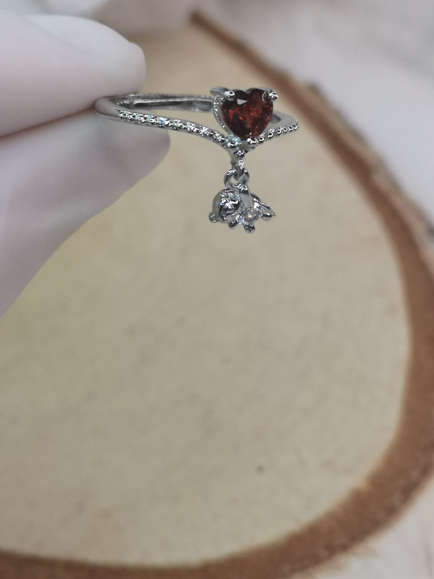 Herz Teddybär Granat Edelstein Kupfer Ring, verstellbar