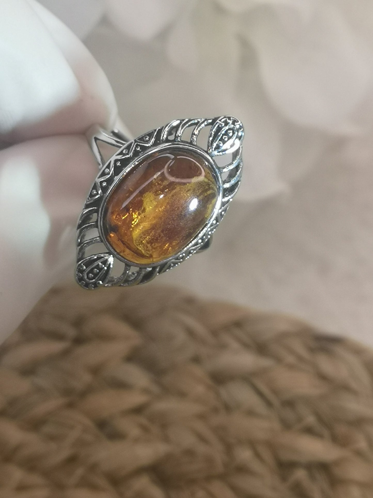 Blue Amber Bernstein Edelstein 925 Silber Ring Crystal Schmuck