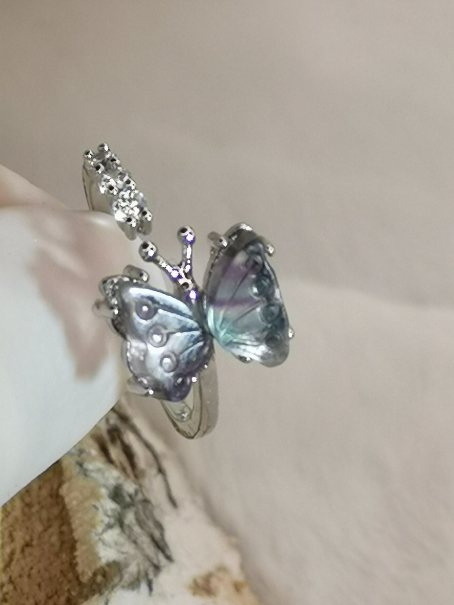 Fluorite Edelstein Schmetterling Kupfer Ring verstellbar