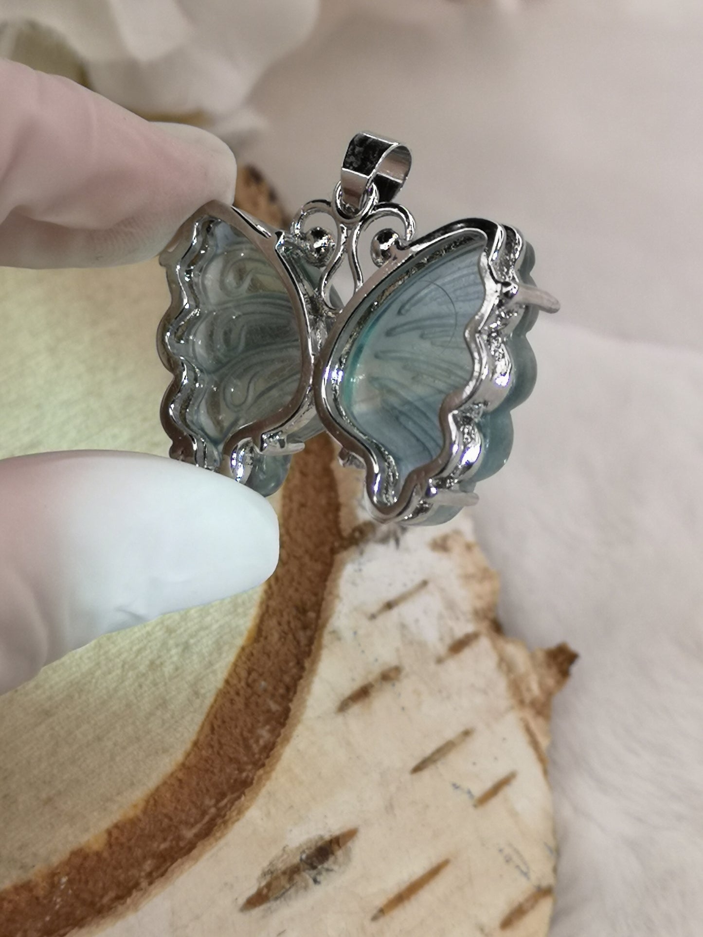 Blauer Fluorite Edelstein Schmetterling, Kupfer Ketten Anhänger