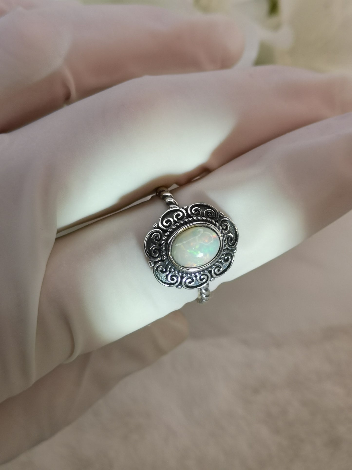 White Opal 925 Silber Ring verstellbar Edelstein Schmuck