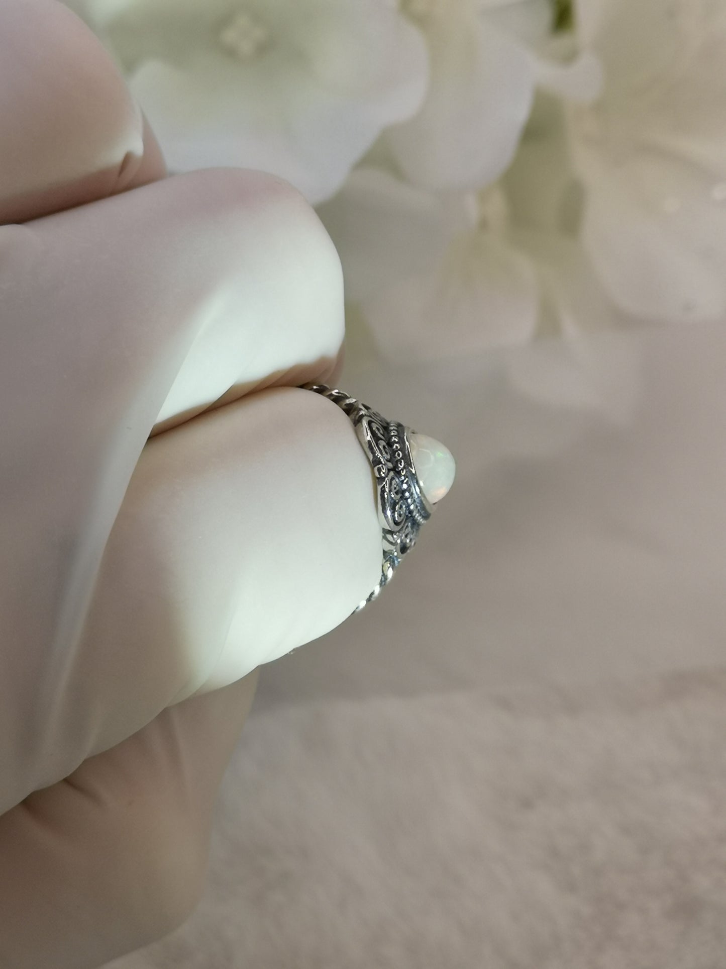 White Opal 925 Silber Ring verstellbar Edelstein Schmuck