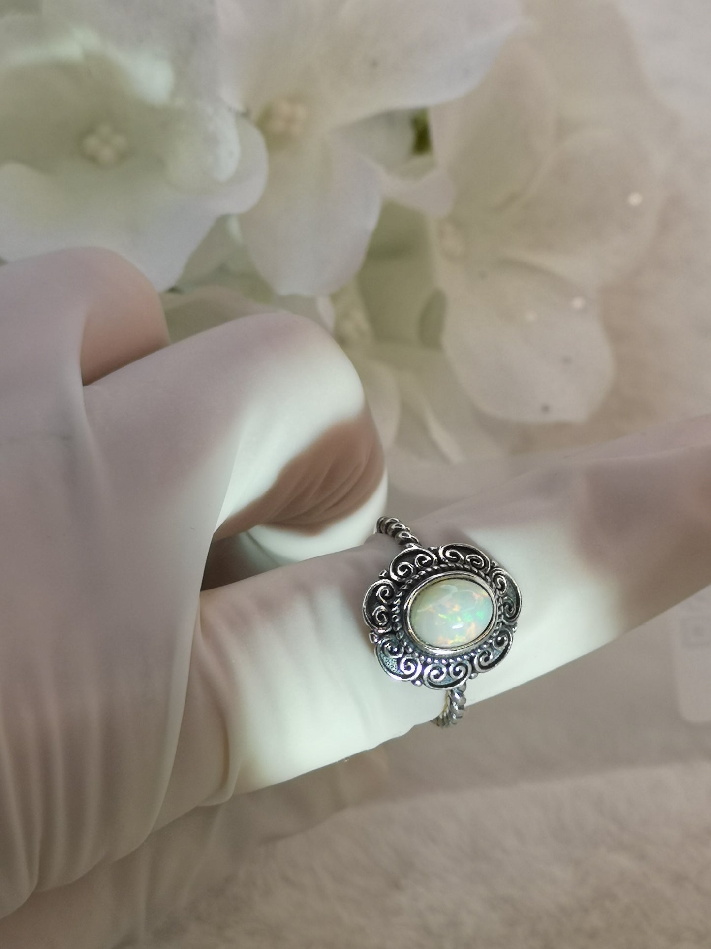 White Opal 925 Silber Ring verstellbar Edelstein Schmuck