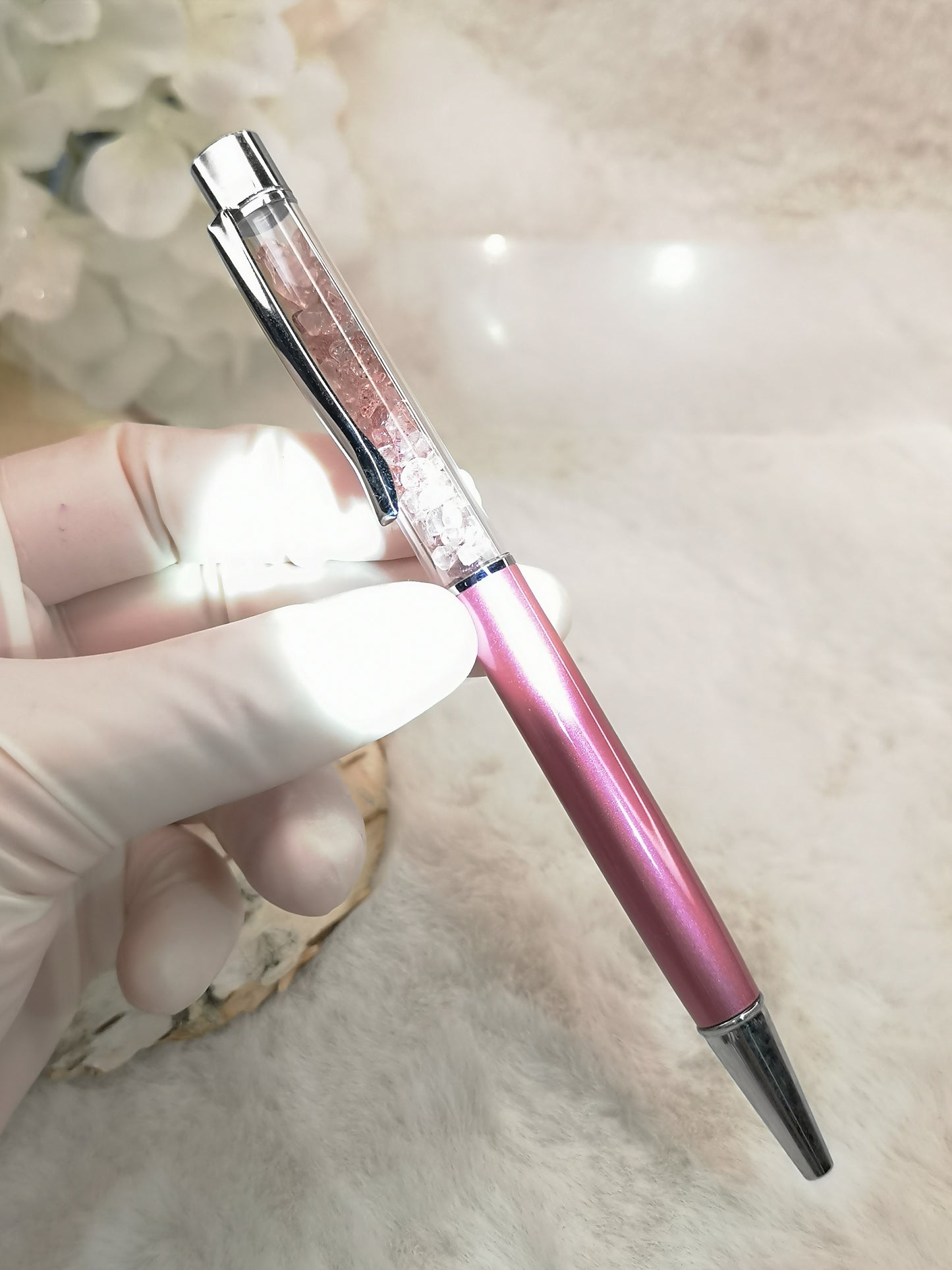 Kugelschreiber mit Rosenquarz Edelsteinchen