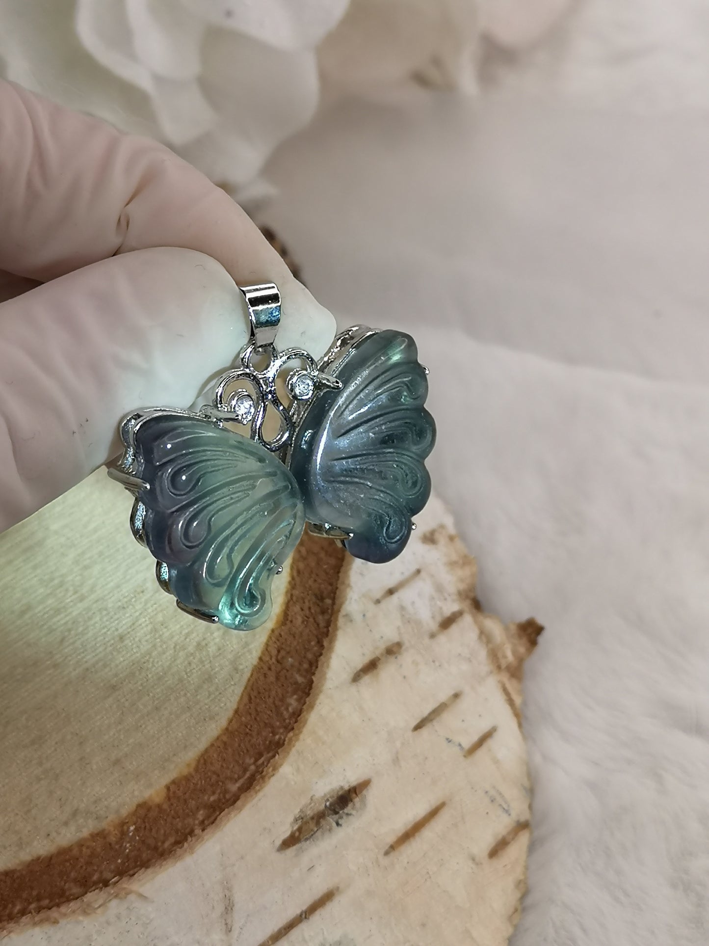 Blauer Fluorite Edelstein Schmetterling Kupfer Ketten Anhänger