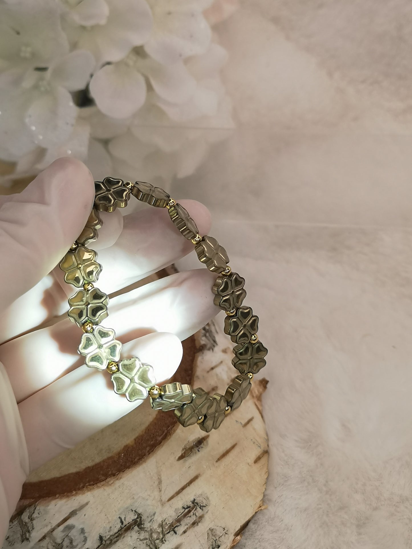 Pyrit Edelstein Armband, Kleeblatt Desgin, dehnbar