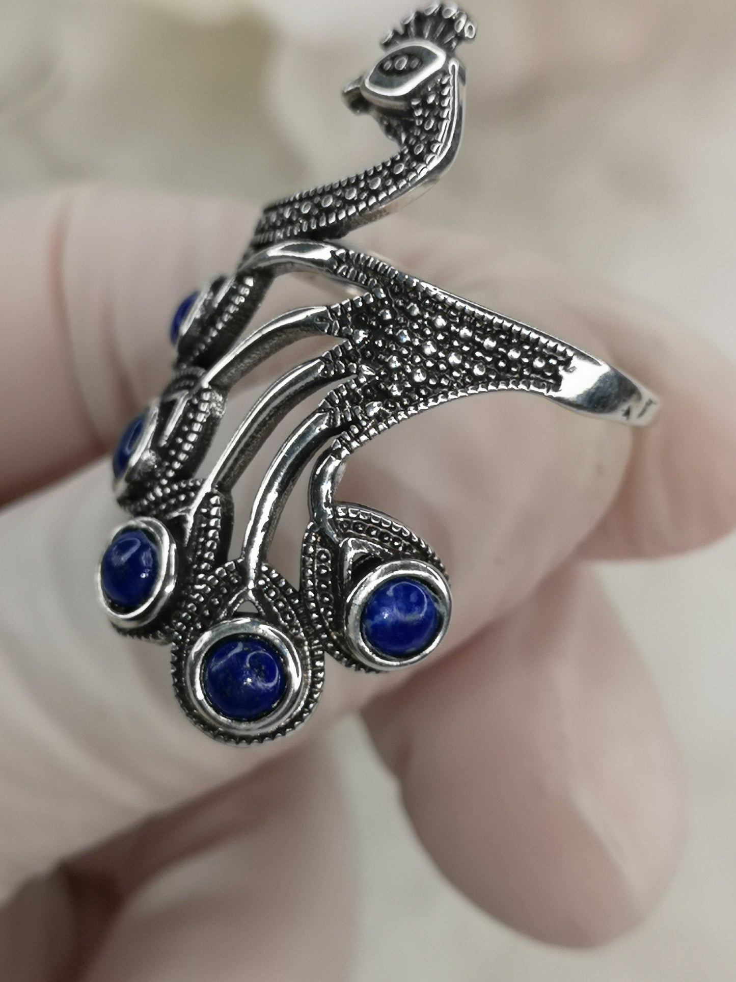 Lapislazuli Lapis Edelstein Markasiten Paradies Pfau Vogel, Kupfer Ring