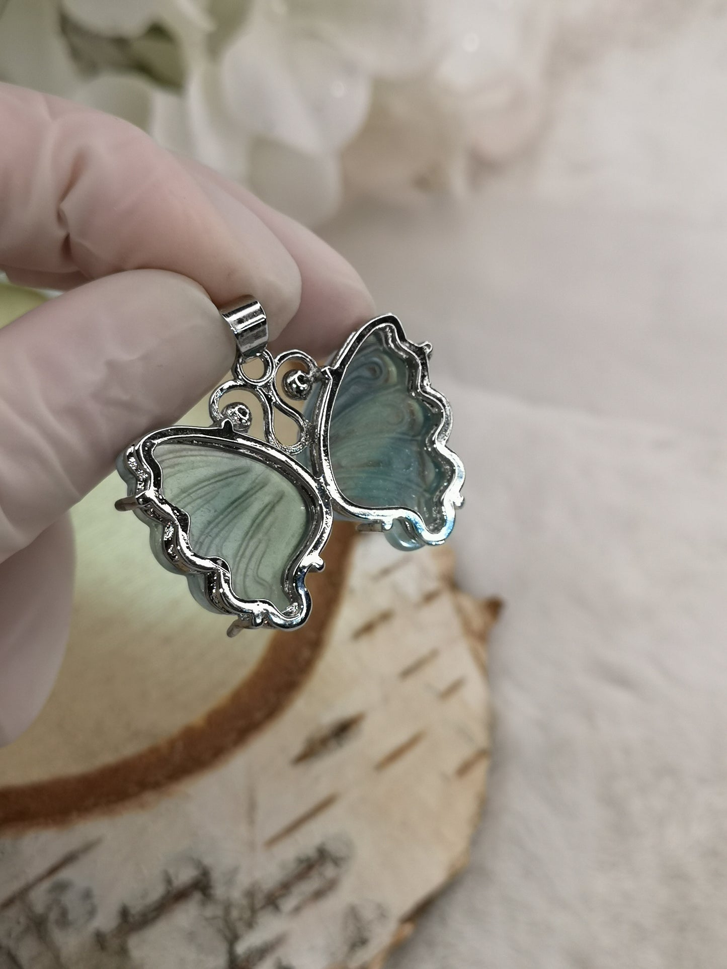 Blauer Fluorite Edelstein Schmetterling, Kupfer Ketten Anhänger