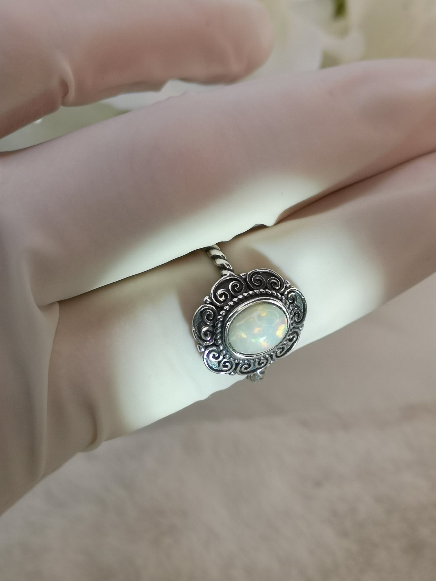 White Opal 925 Silber Ring verstellbar Edelstein Schmuck