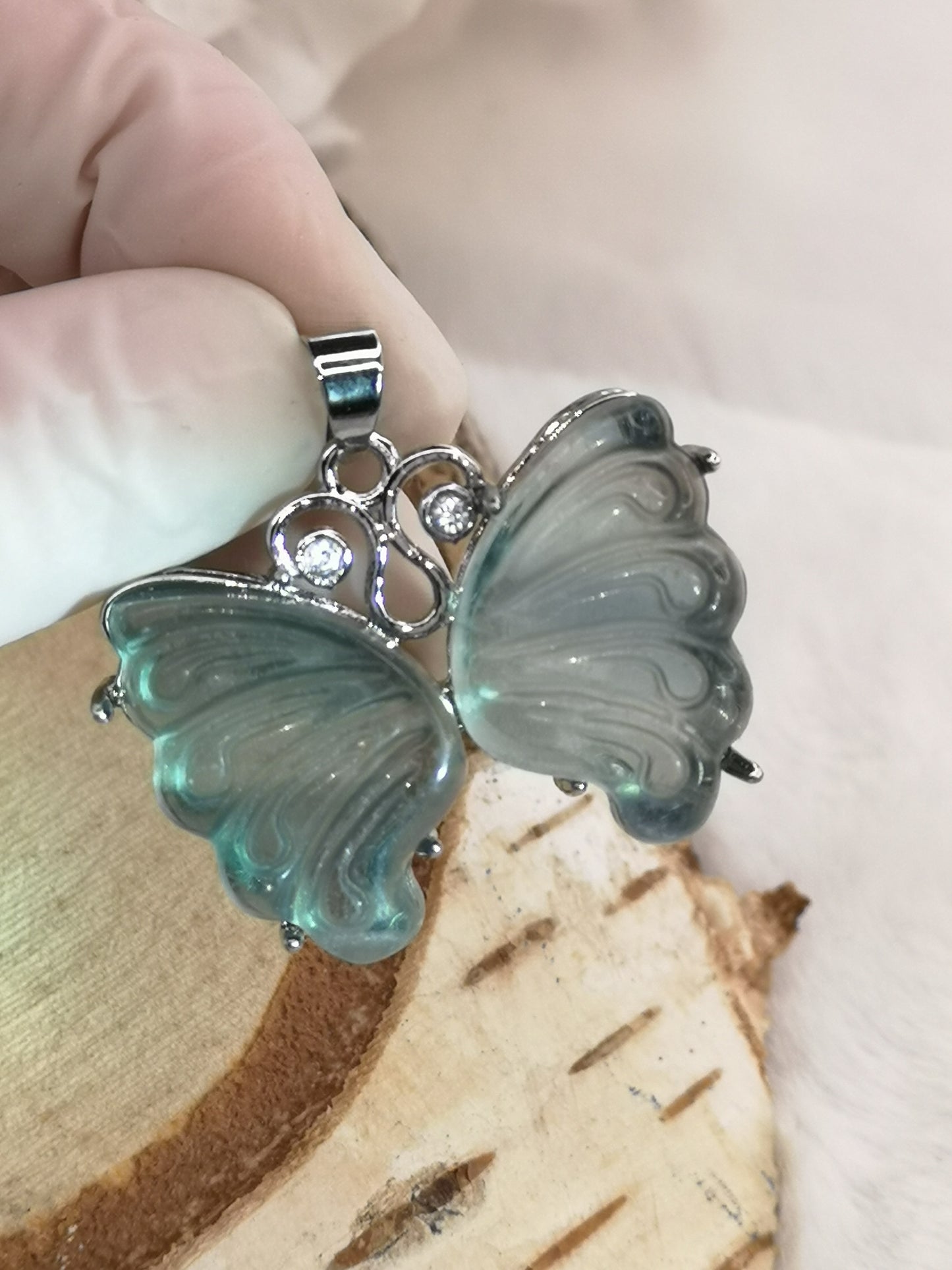 Blauer Fluorite Edelstein Schmetterling, Kupfer Ketten Anhänger