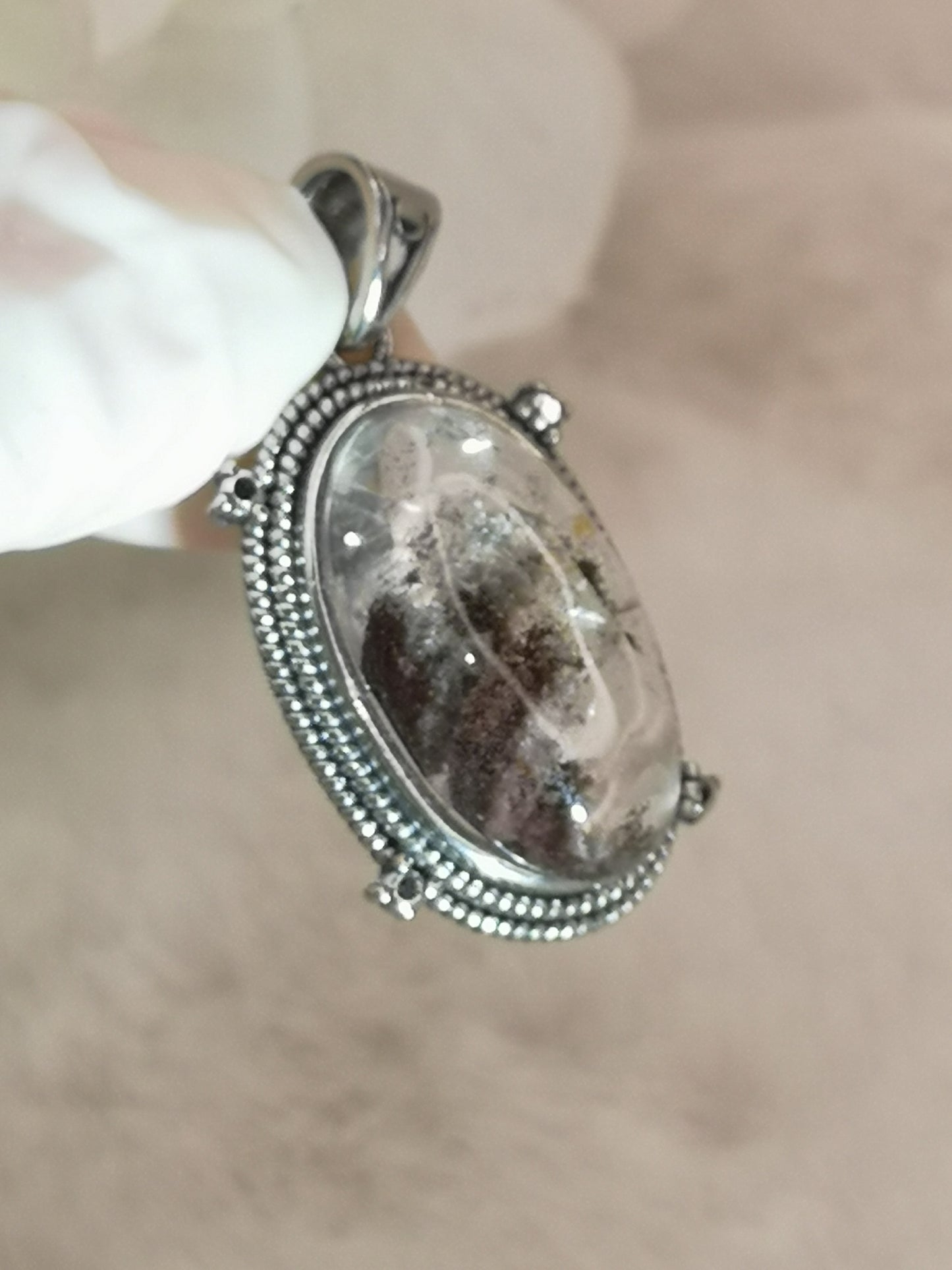 Gartenquartz Edelstein mit Phantomen, Kupfer Ketten Anhänger