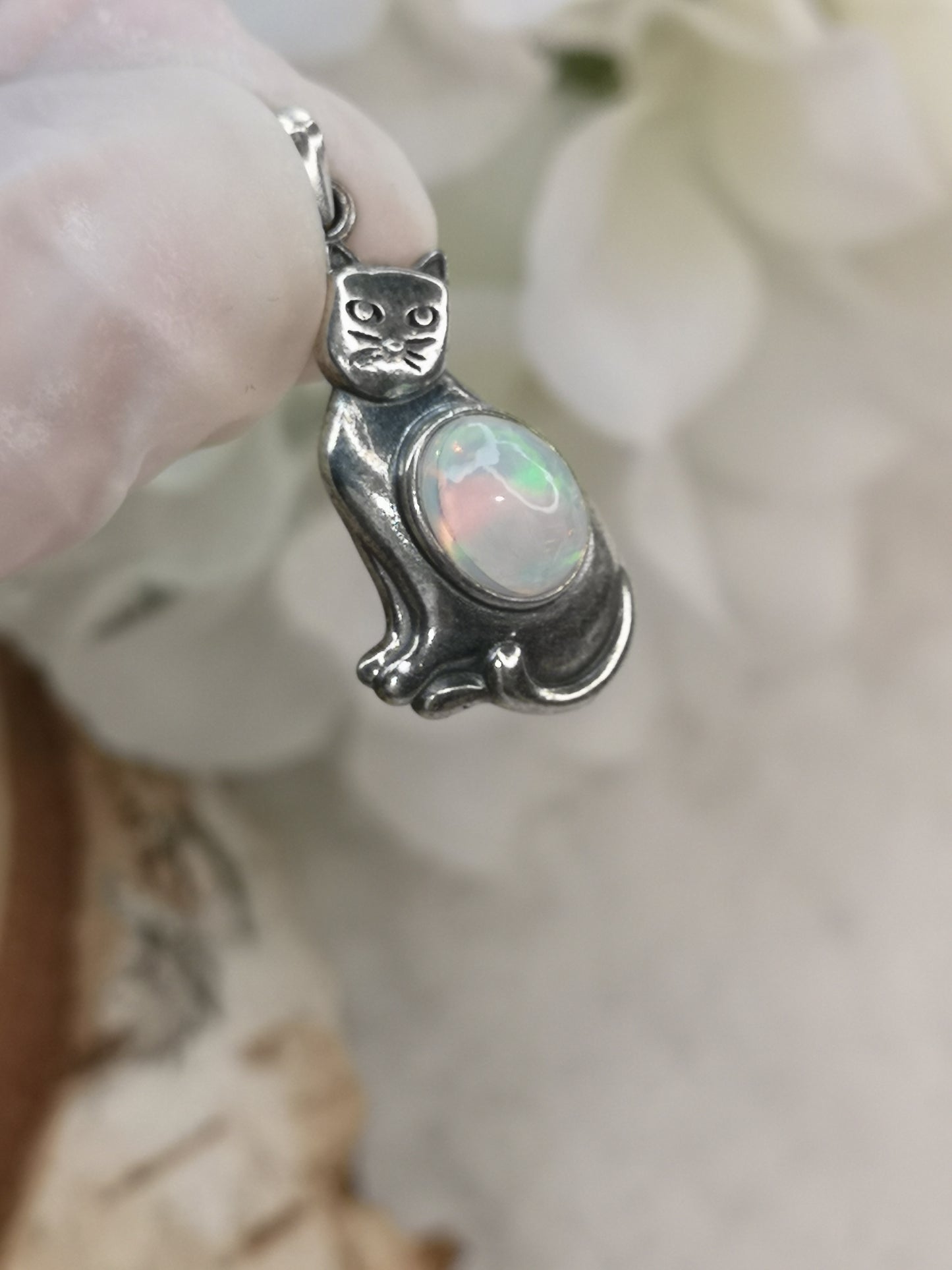 Opal Edelstein 925 Silber Ketten Anhänger Katzen Design