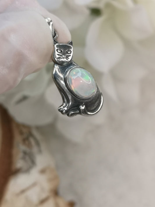 Opal Edelstein 925 Silber Ketten Anhänger Katzen Design