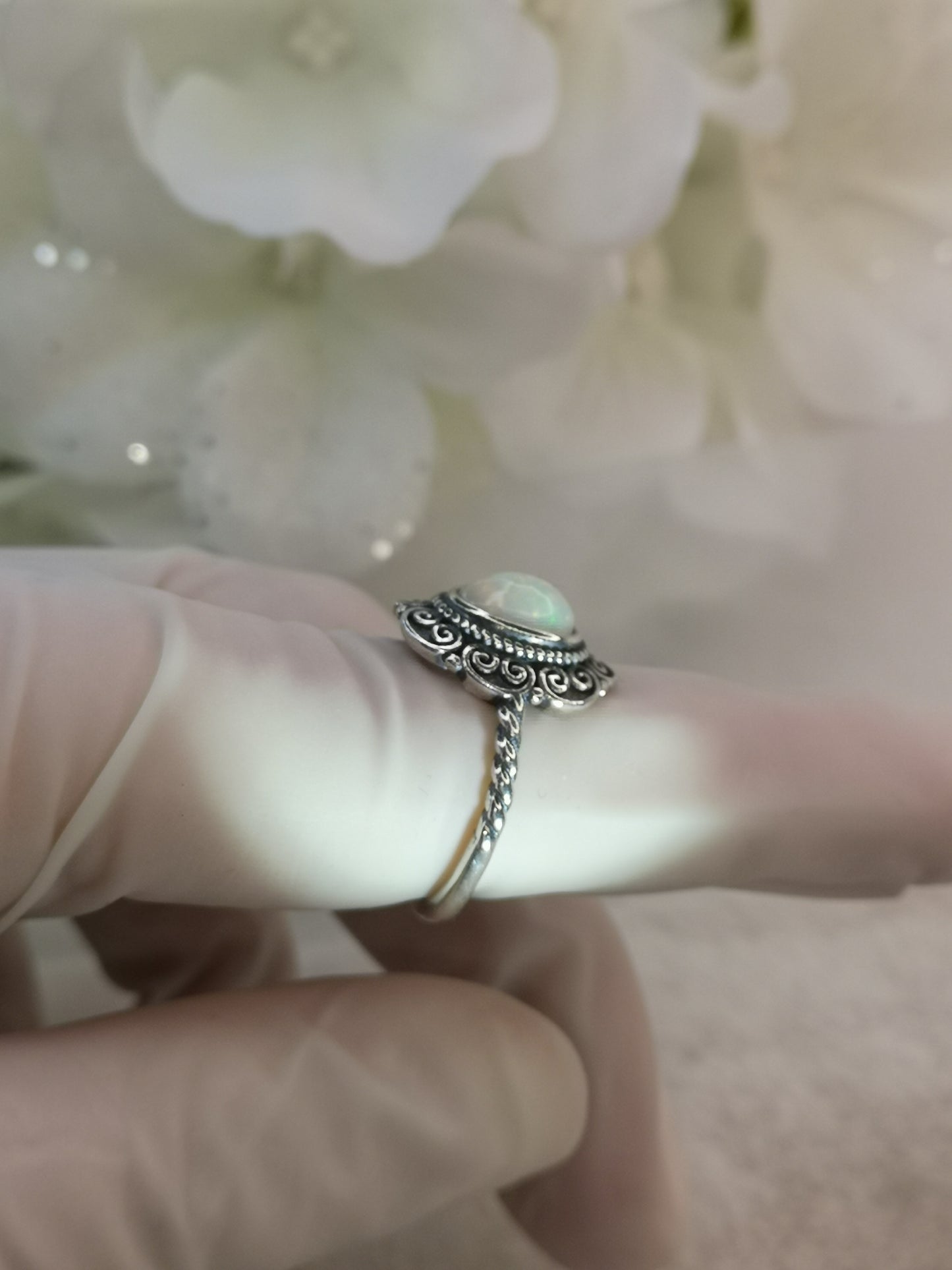 White Opal 925 Silber Ring verstellbar Edelstein Schmuck
