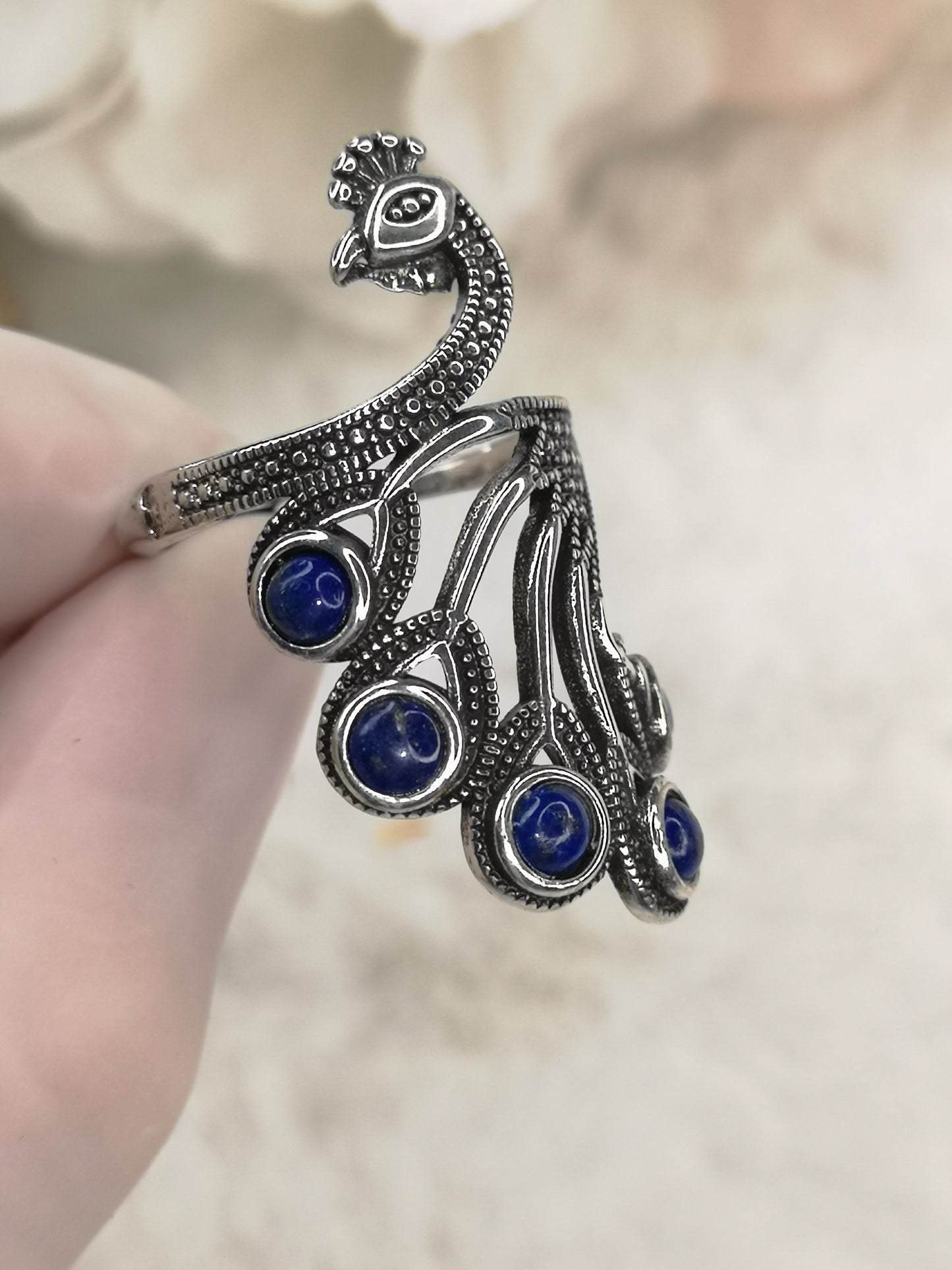 Lapislazuli Lapis Edelstein Markasiten Paradies Pfau Vogel, Kupfer Ring