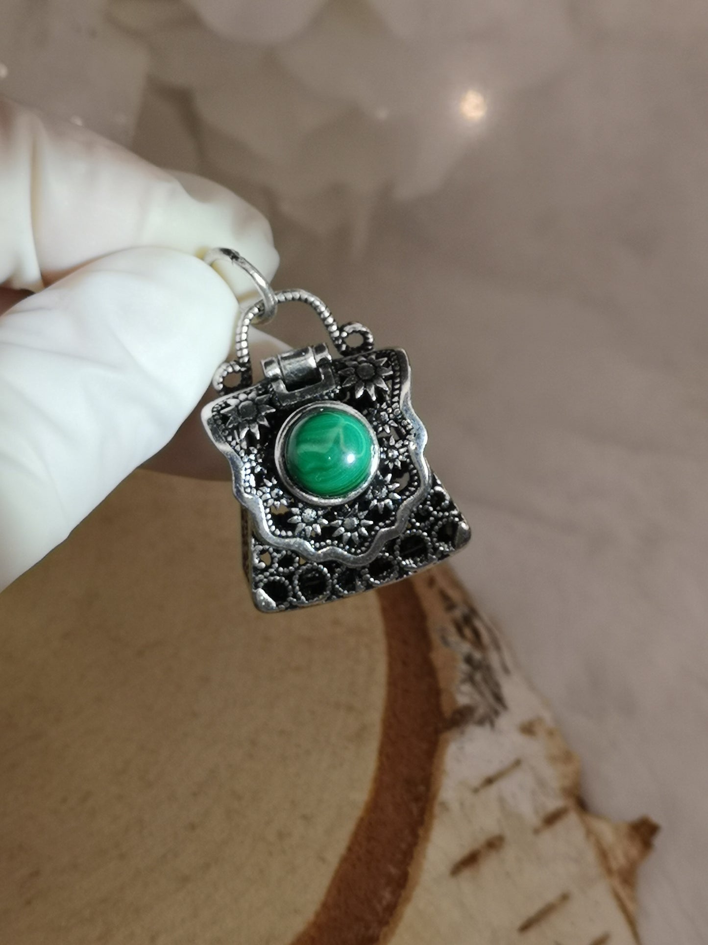 Malachite Edelstein, Kupfer Ketten Anhänger, Taschen Design