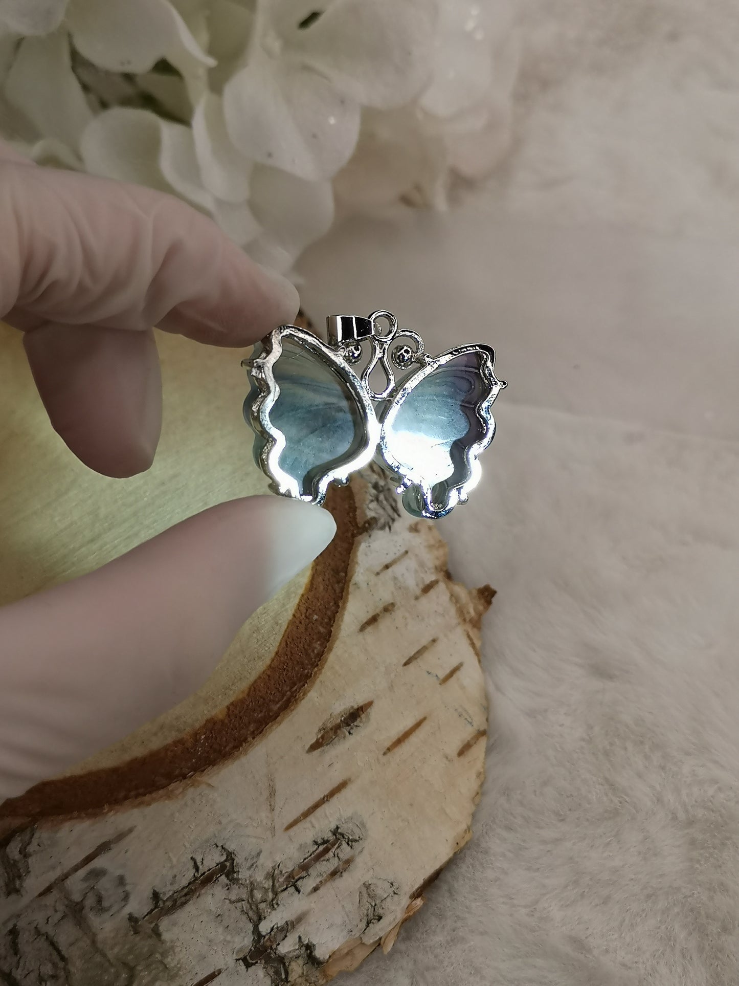 Blauer Fluorite Edelstein Schmetterling Kupfer Ketten Anhänger