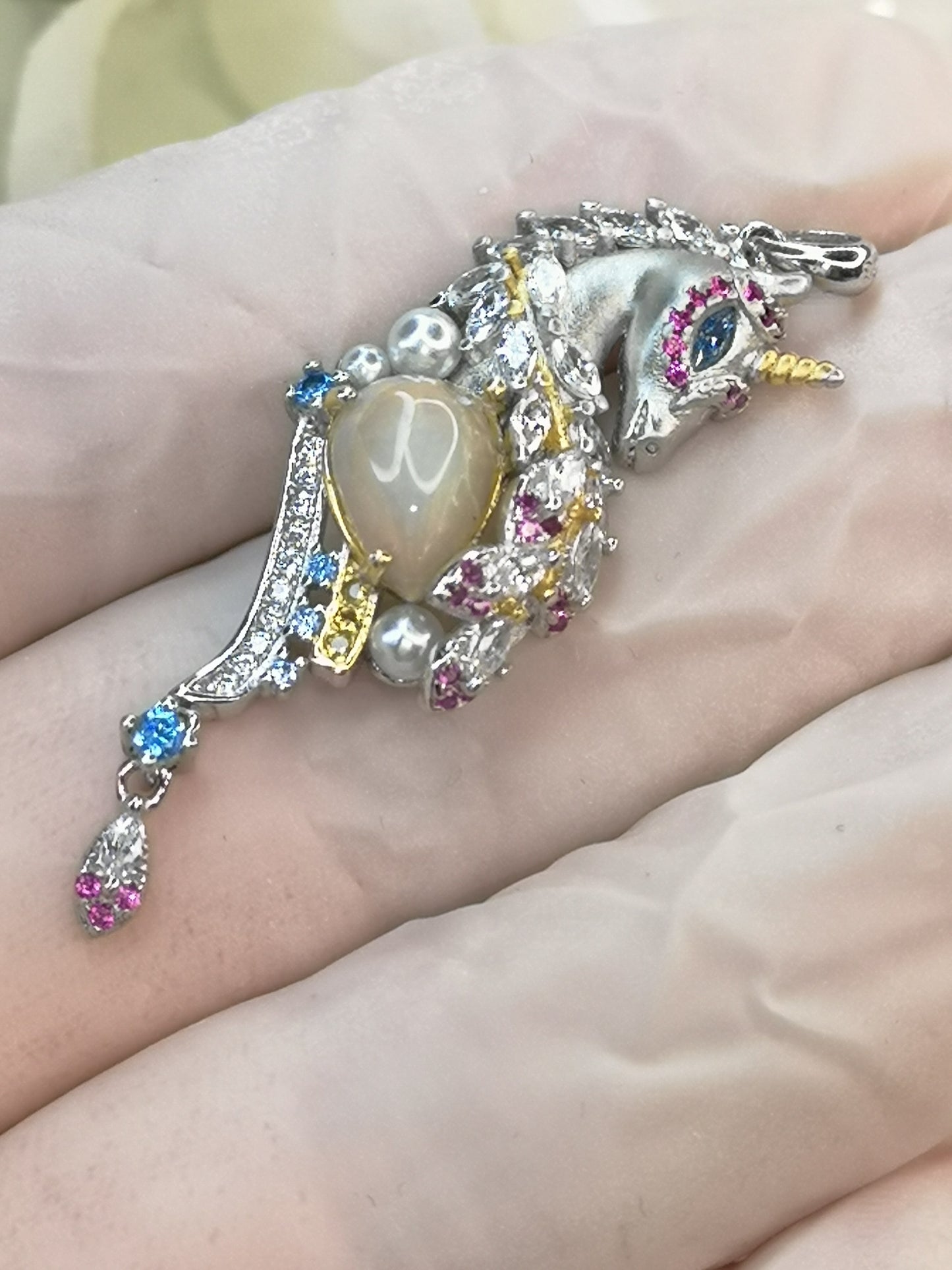 Opal Edelstein, 925 Silber Ketten Anhänger, Einhorn Design