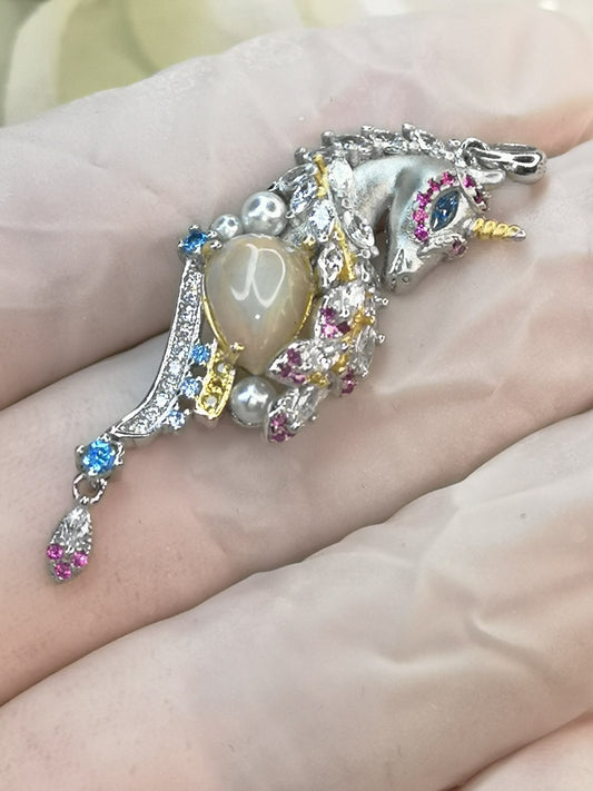 Opal Edelstein, 925 Silber Ketten Anhänger, Einhorn Design
