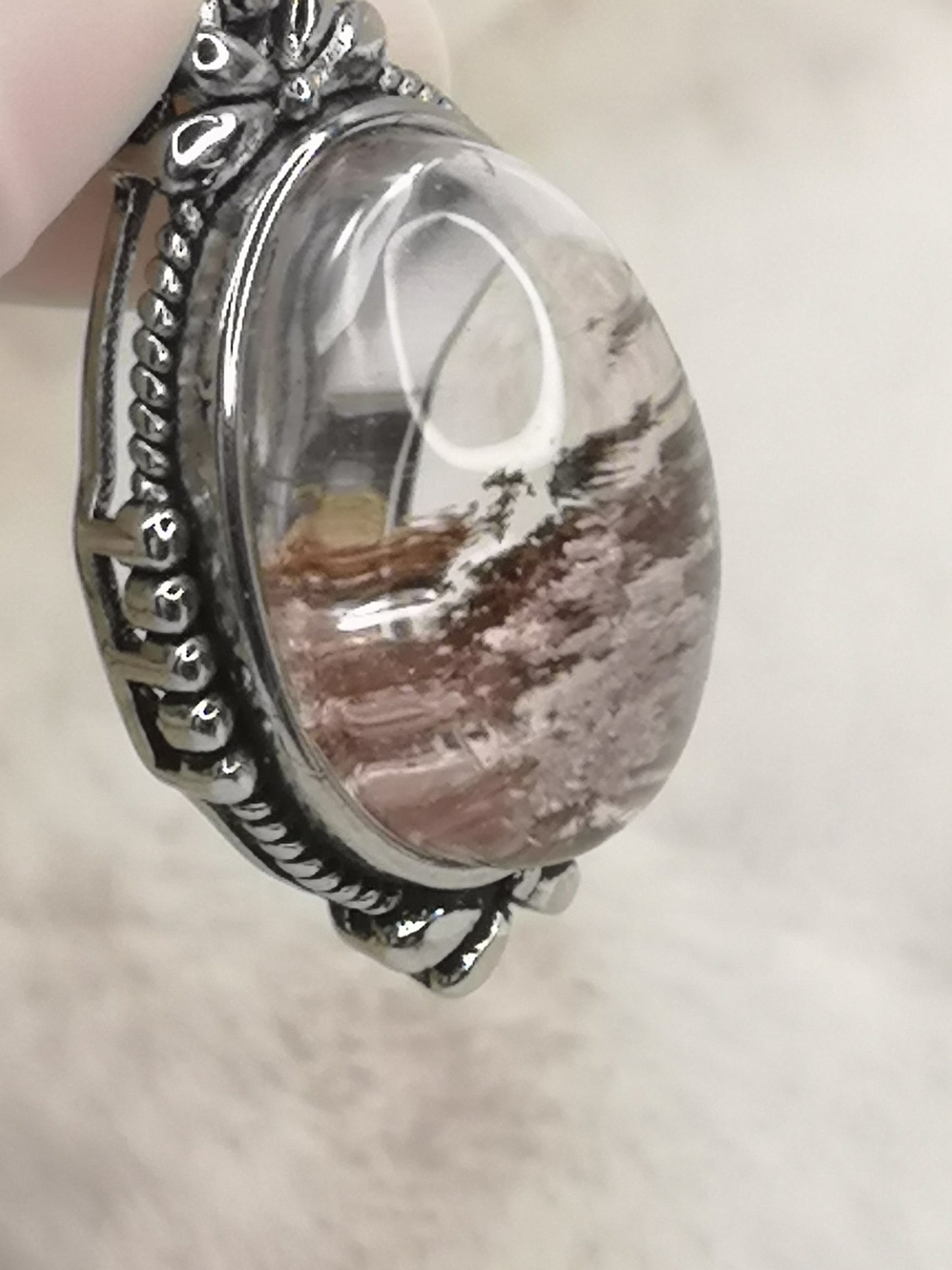 Gartenquartz Edelstein mit Phantomen, Kupfer Ketten Anhänger