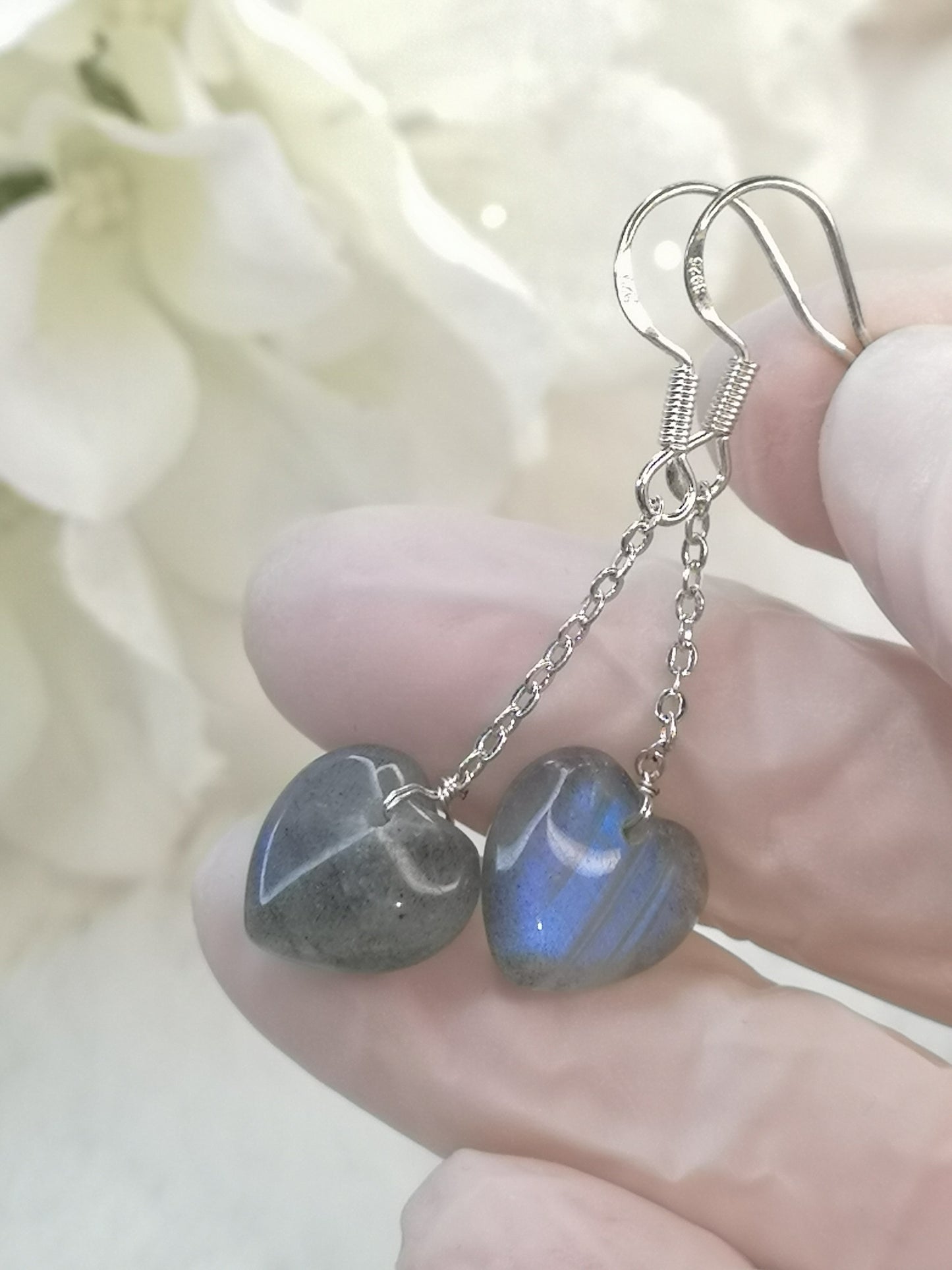 Labradorite Edelstein, 925 Silber Herz Ohrringe