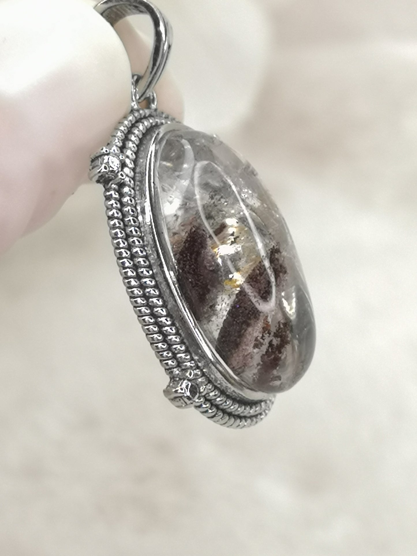 Gartenquartz Edelstein mit Phantomen, Kupfer Ketten Anhänger