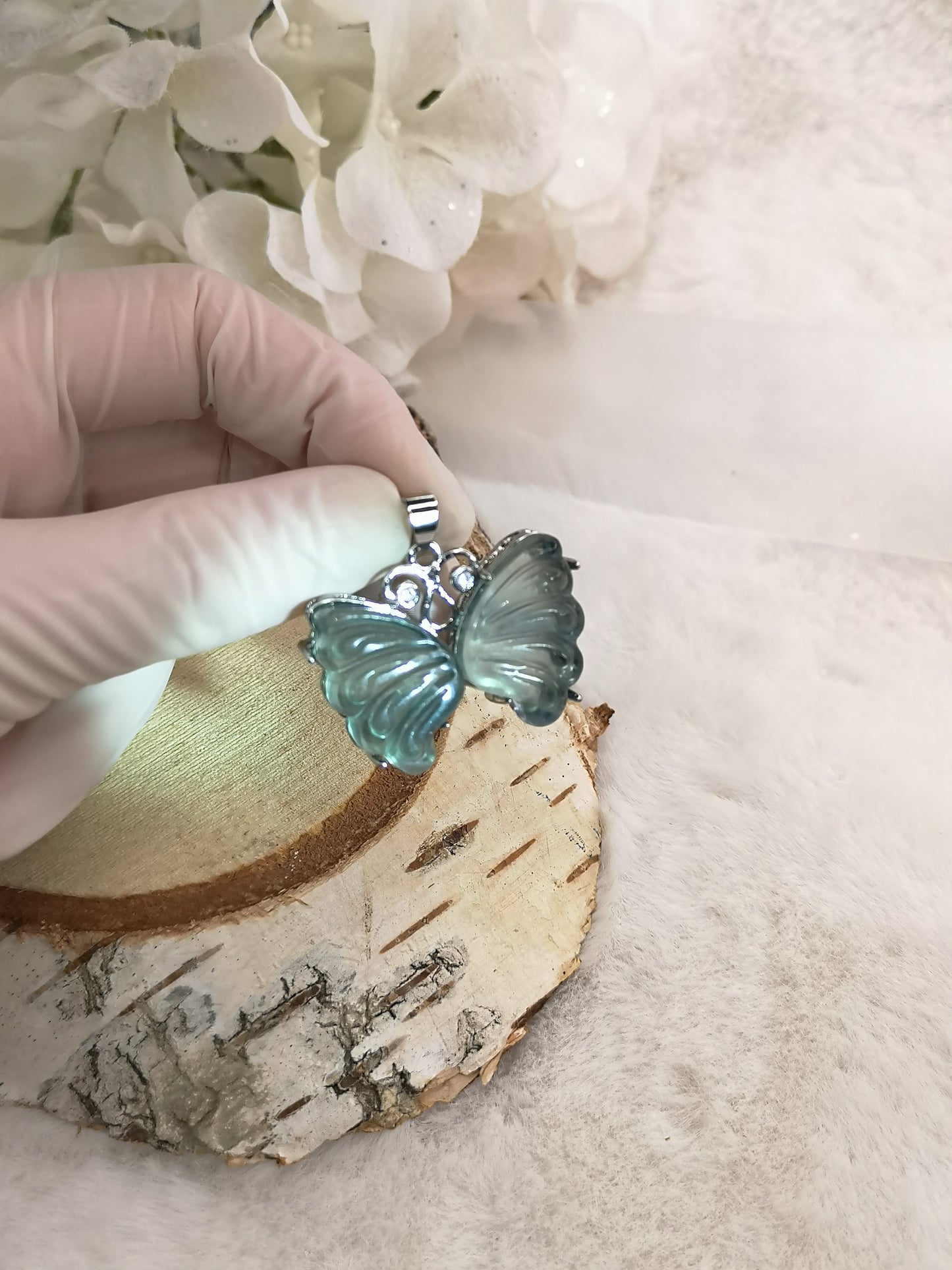 Blauer Fluorite Edelstein Schmetterling, Kupfer Ketten Anhänger