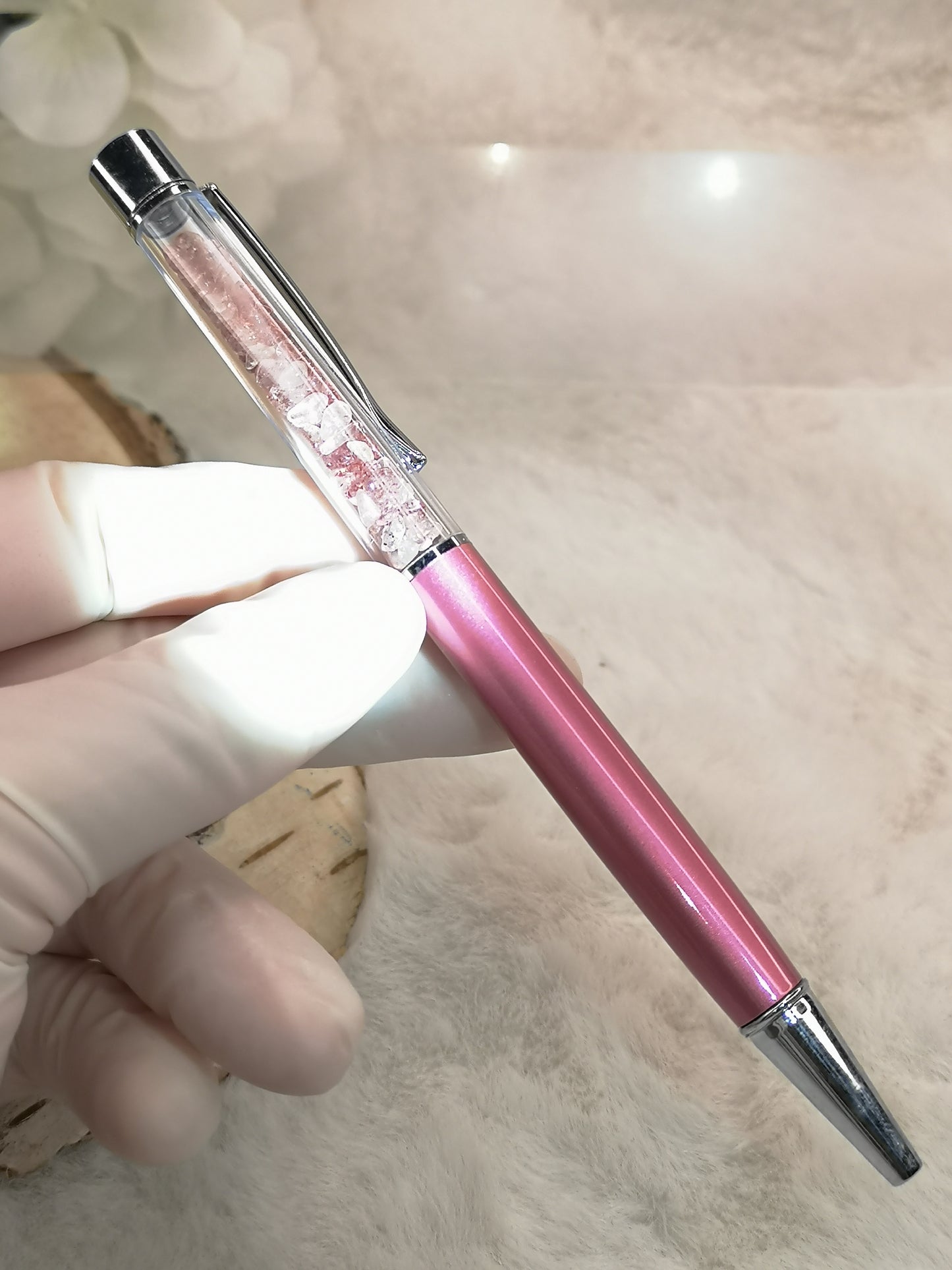 Kugelschreiber mit Rosenquarz Edelsteinchen