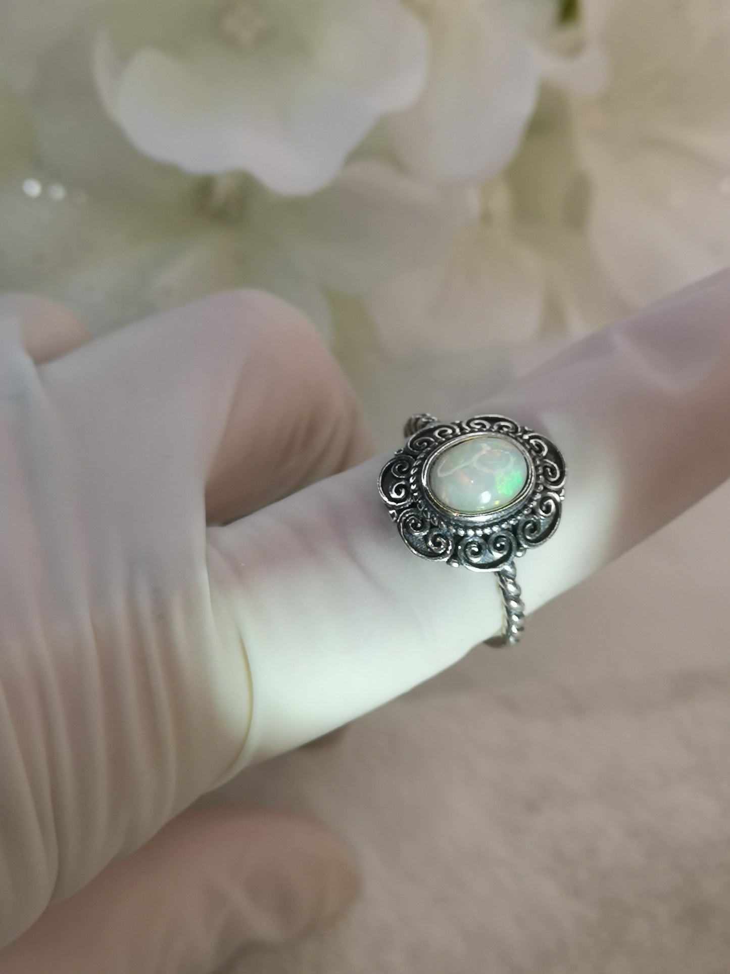 White Opal 925 Silber Ring verstellbar Edelstein Schmuck