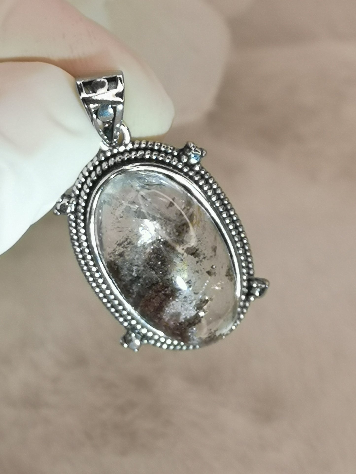 Gartenquartz Edelstein mit Phantomen, Kupfer Ketten Anhänger